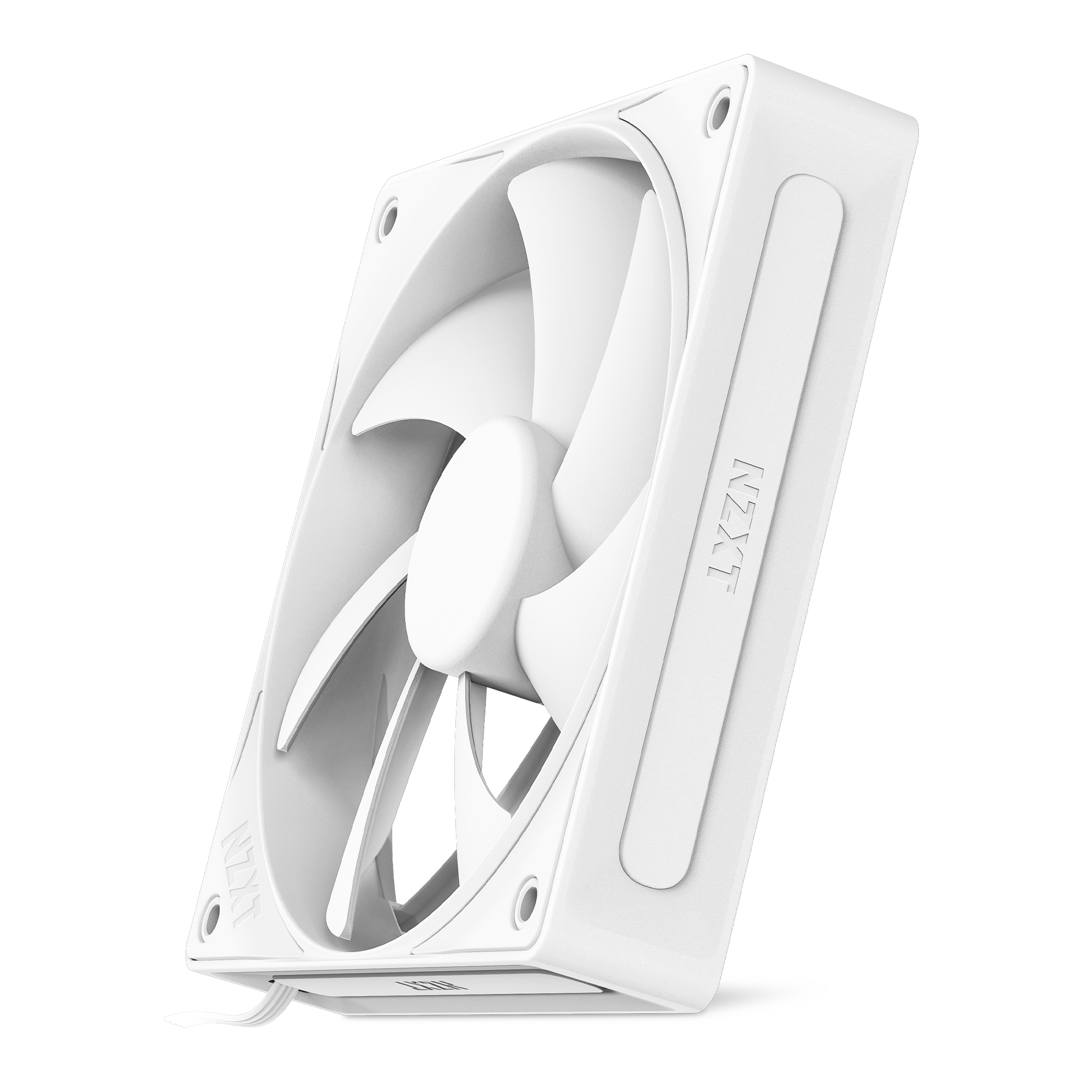The NZXT F120P is a white computer cooling fan with a square frame, shown at an angle with five optimized blades and a short power cable extending from one corner.