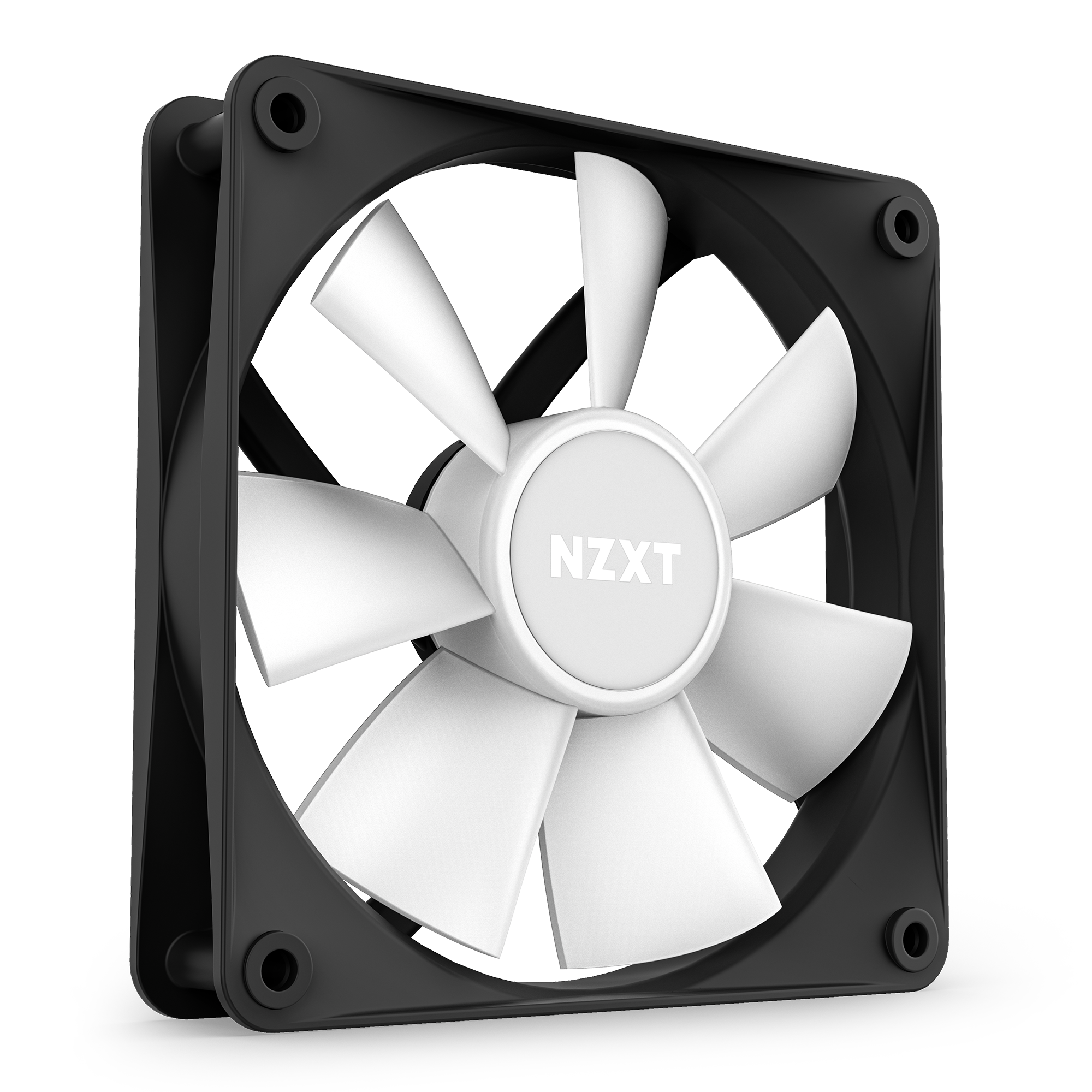 The NZXT F140 RGB Core is a black computer cooling fan with seven white blades and NZXT in white on the hub, designed for high static pressure, shown at an angle on a white background.