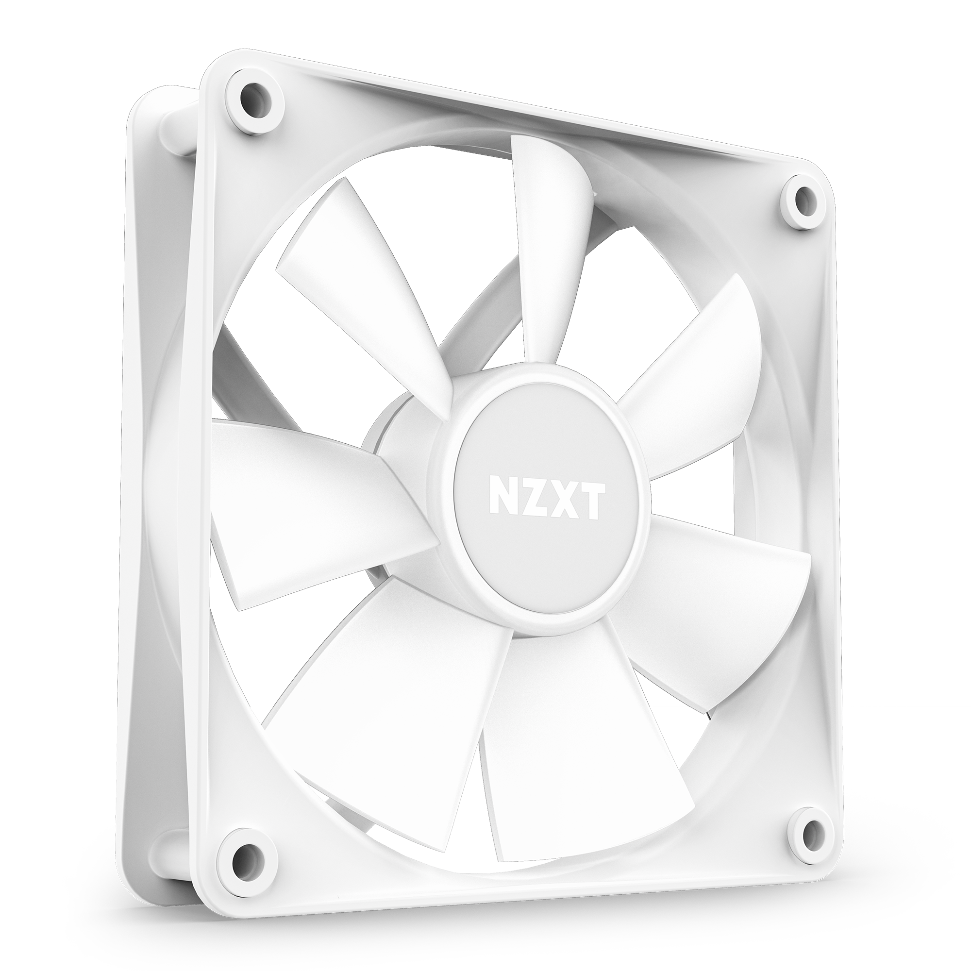 The NZXT F140 RGB Core is a white computer cooling fan with seven blades for static pressure, shown at an angle highlighting its front, side, and corner mounting holes.