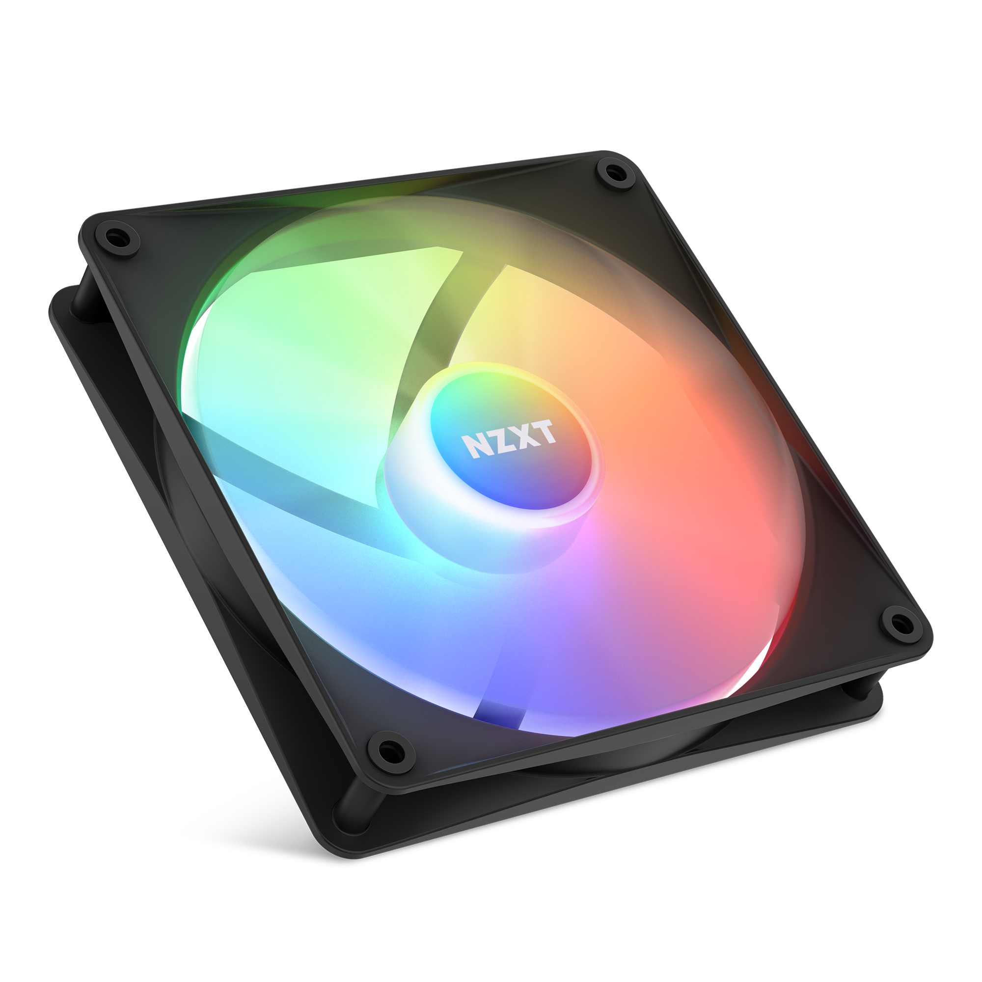 The NZXT F140 RGB Core fan features a black frame, optimized static pressure, vibrant gradient RGB lighting across its spinning blades, and a central NZXT logo.