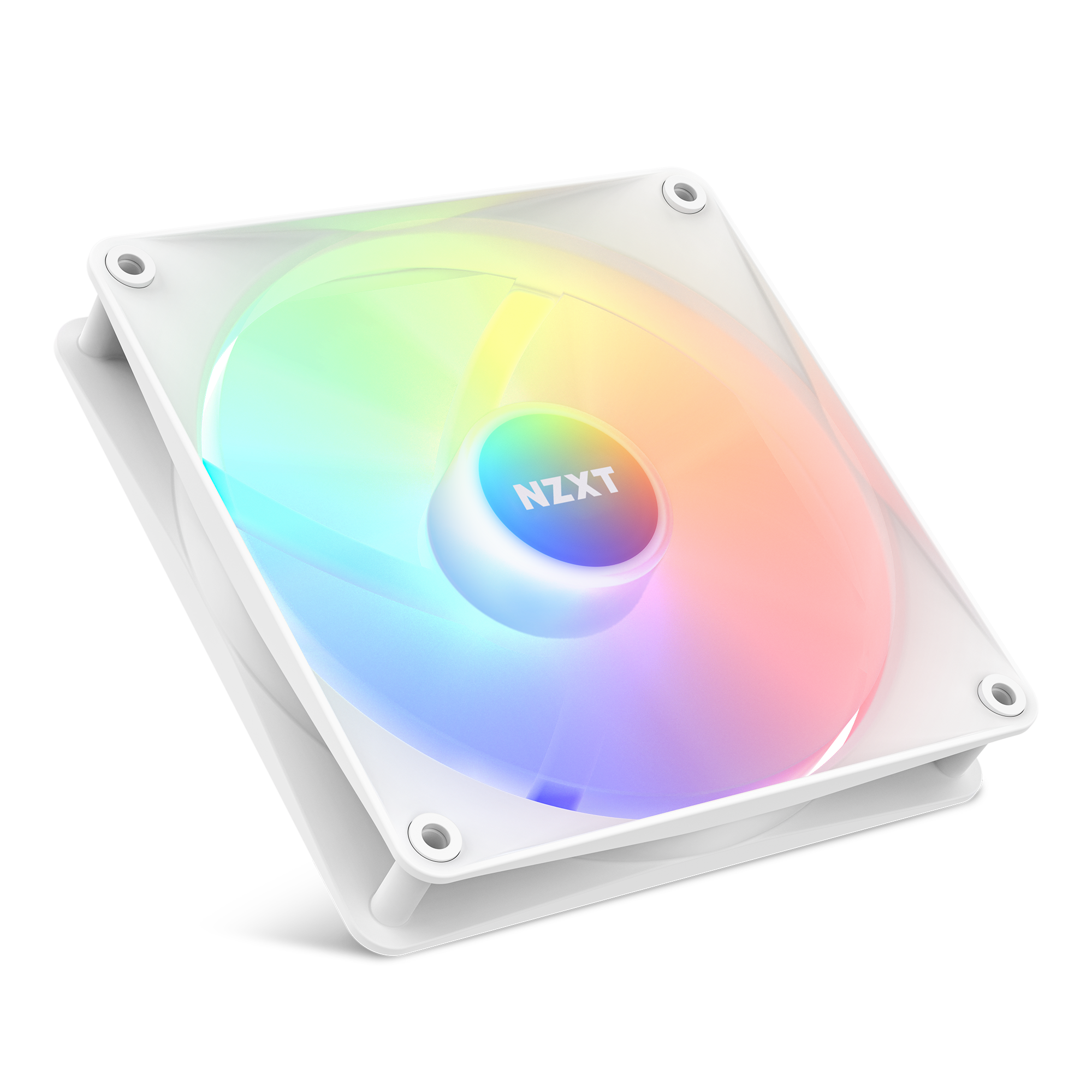 The NZXT F140 RGB Core is a white computer cooling fan with vibrant RGB lighting, displaying a circular gradient of green, yellow, pink, and blue on a black background.