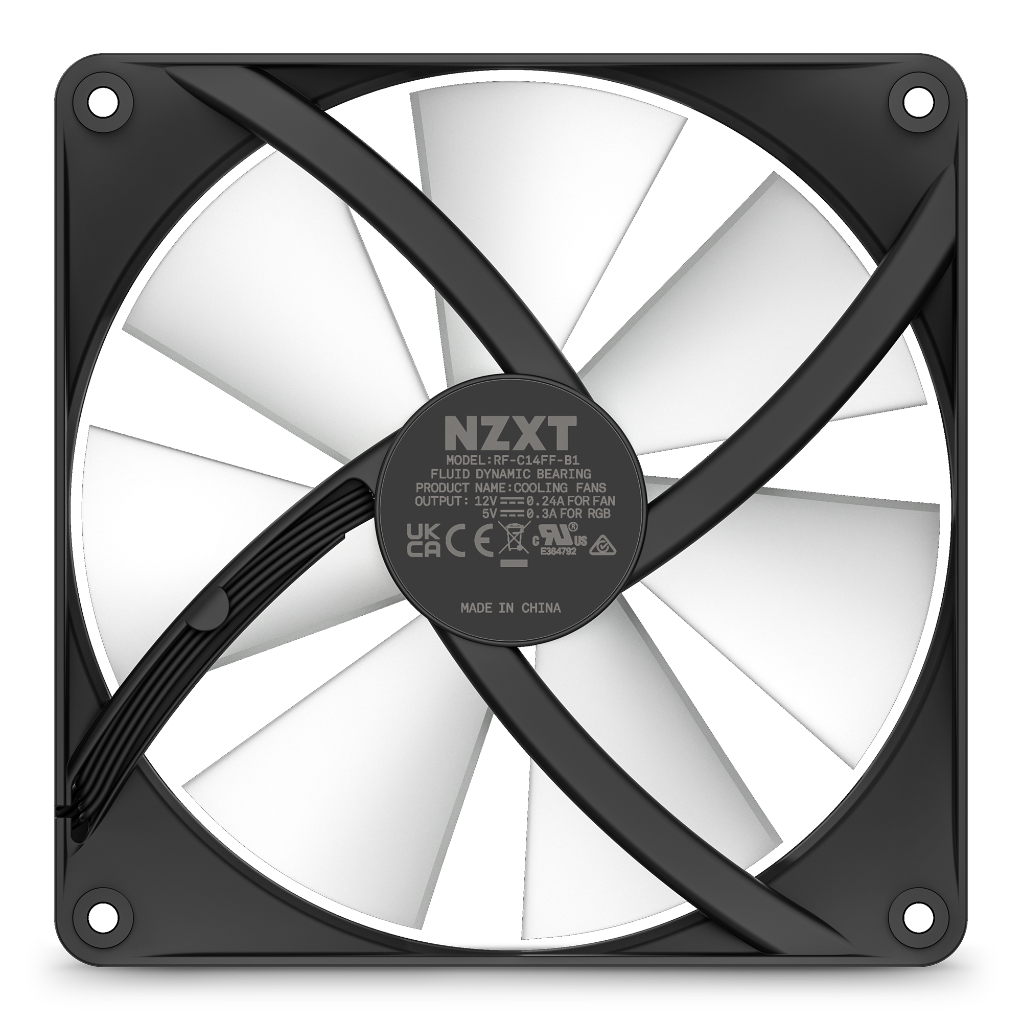 The NZXT F140 RGB Core is a square black computer cooling fan with white blades, designed for high static pressure, featuring a black cable and a center label with product details and certification logos.
