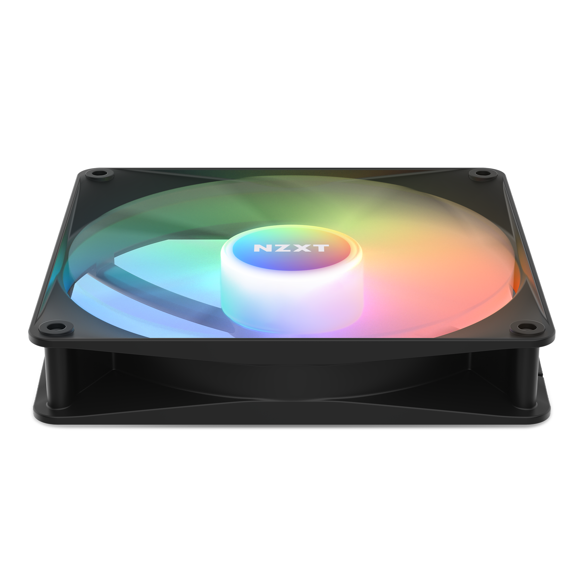 The NZXT F140 RGB Core fan features static pressure and vibrant RGB lighting with green, blue, yellow, orange, and pink effects in a circular pattern around the hub. Easily customizable via NZXT CAM software.