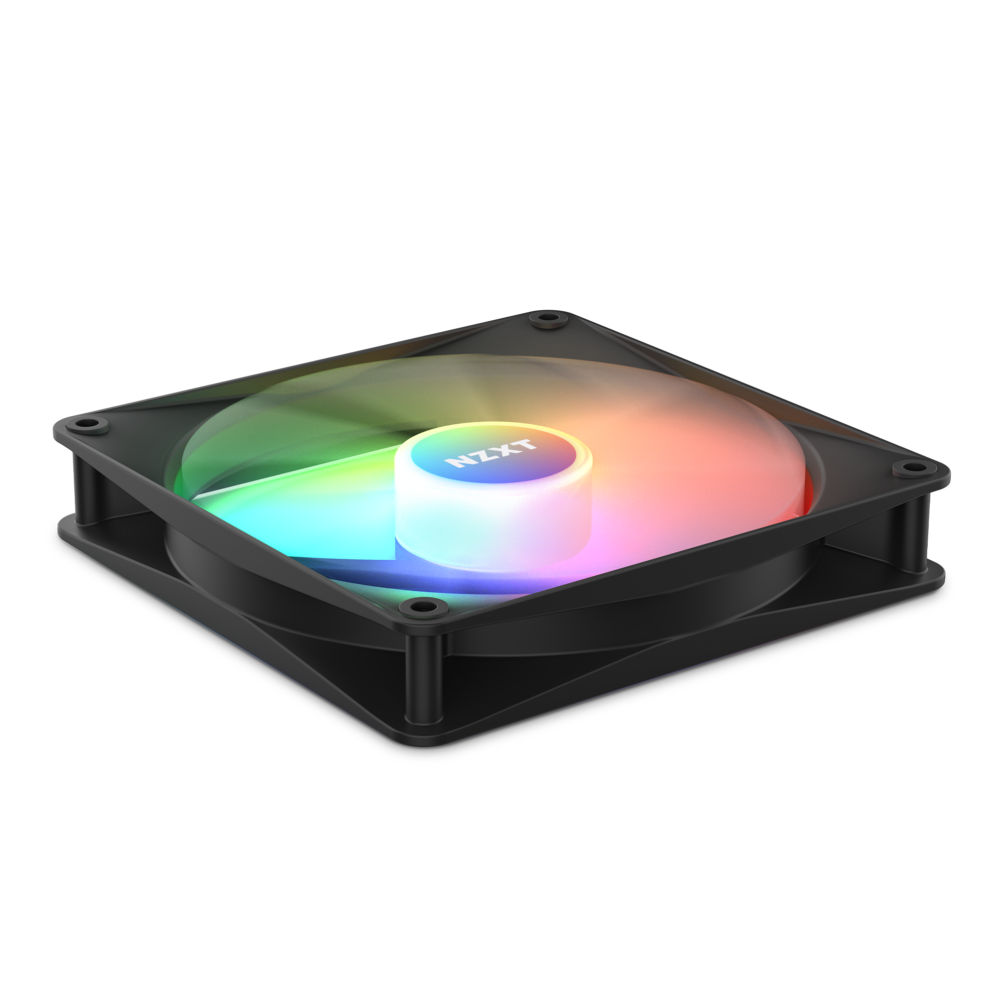 The NZXT F140 RGB Core fan in black features static pressure, vibrant multicolored lighting on its blades, and the NZXT logo at the center, all set against a black background.