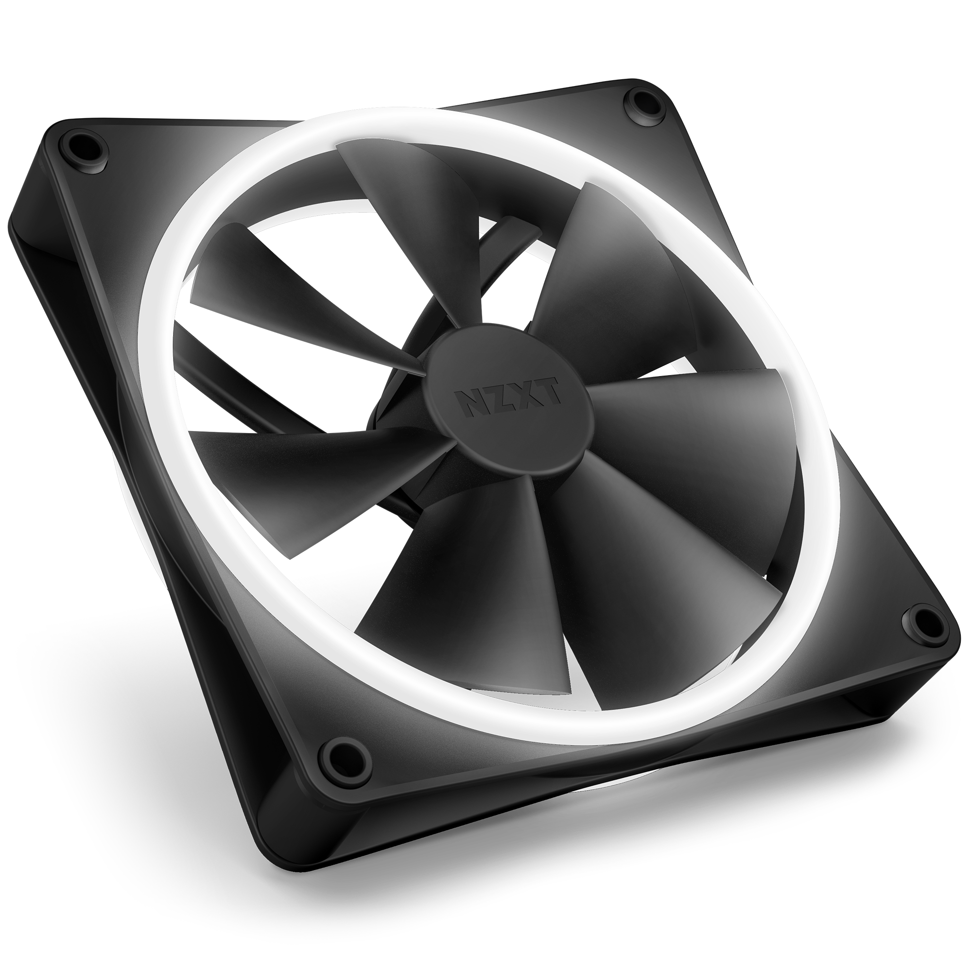 The NZXT F140 RGB Duo is a black cooling fan with a circular white LED around the blades, viewed at an angle. The high static pressure design ensures efficient cooling, and the NZXT logo appears at the center.
