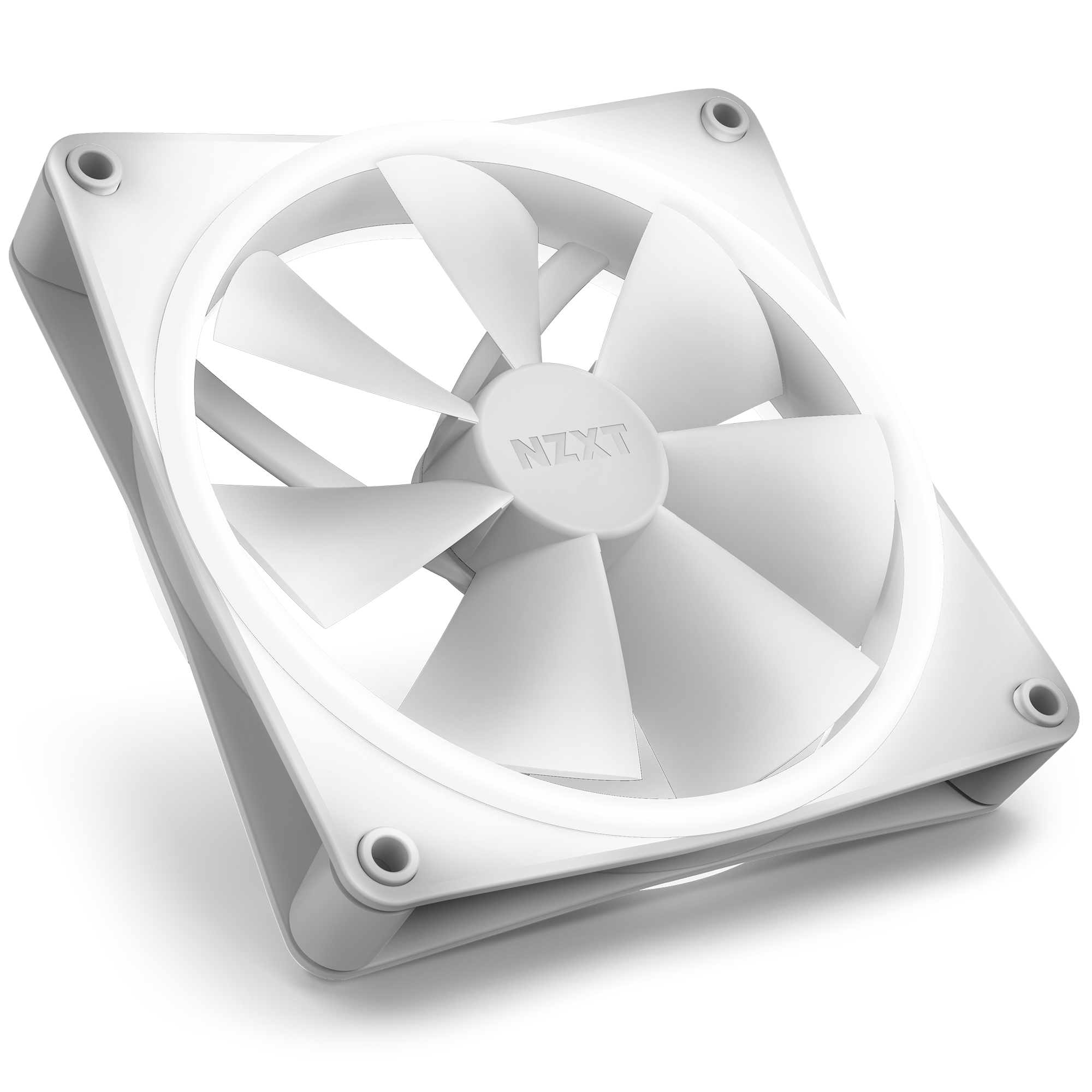 A white NZXT F140 RGB Duo computer cooling fan with seven blades and Fluid Dynamic Bearing, shown at an angle on a transparent background.