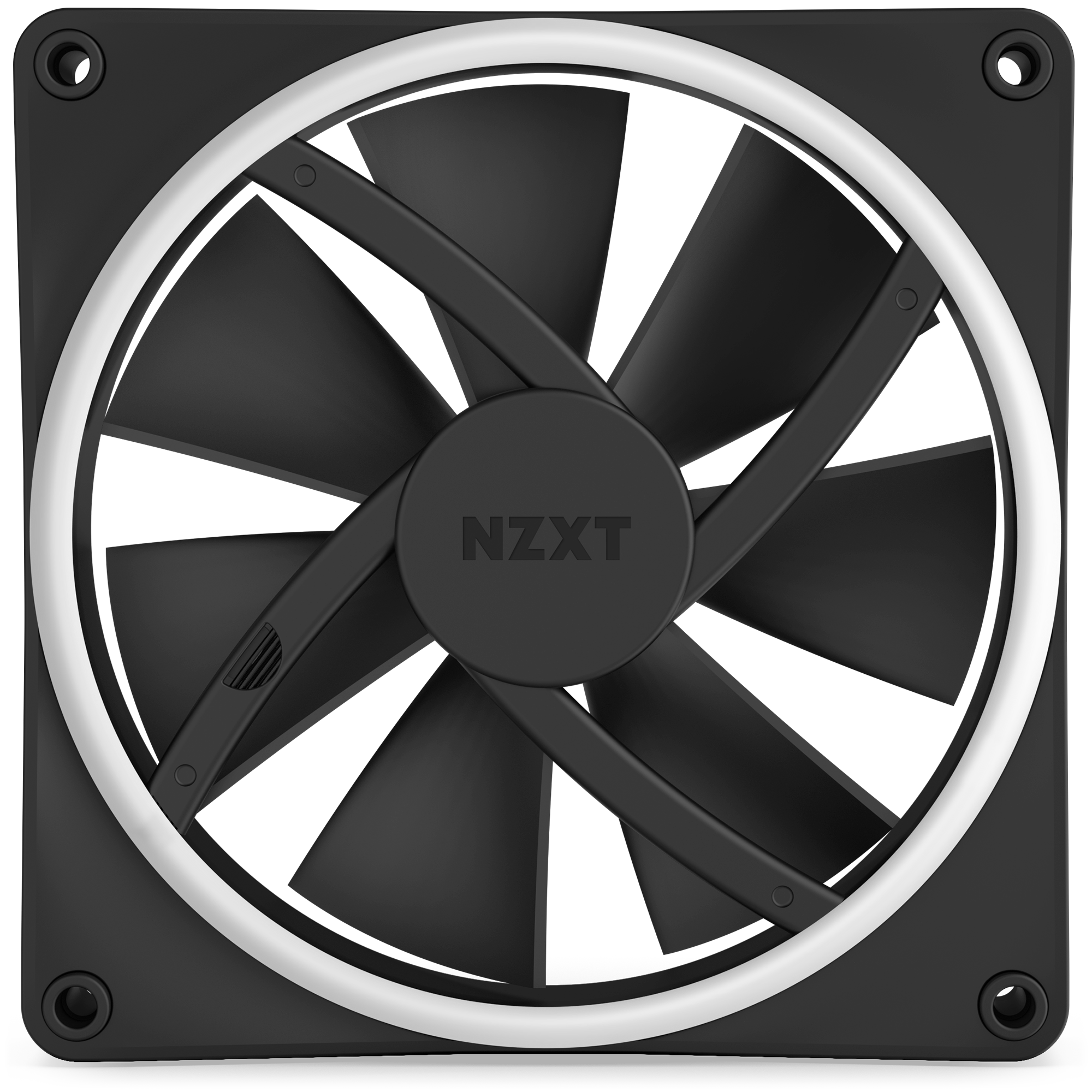 The NZXT F140 RGB Duo is a black computer cooling fan with a white LED ring on the edge, shown from the front. It features high static pressure blades in a square frame.