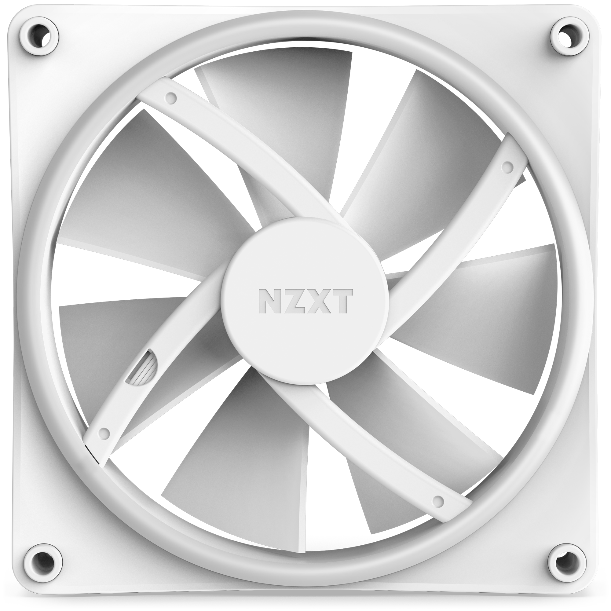 The NZXT F140 RGB Duo is a white computer cooling fan with seven blades and a square frame with rounded corners and corner screw holes, designed for high static pressure to enhance airflow through dense radiators and heatsinks.
