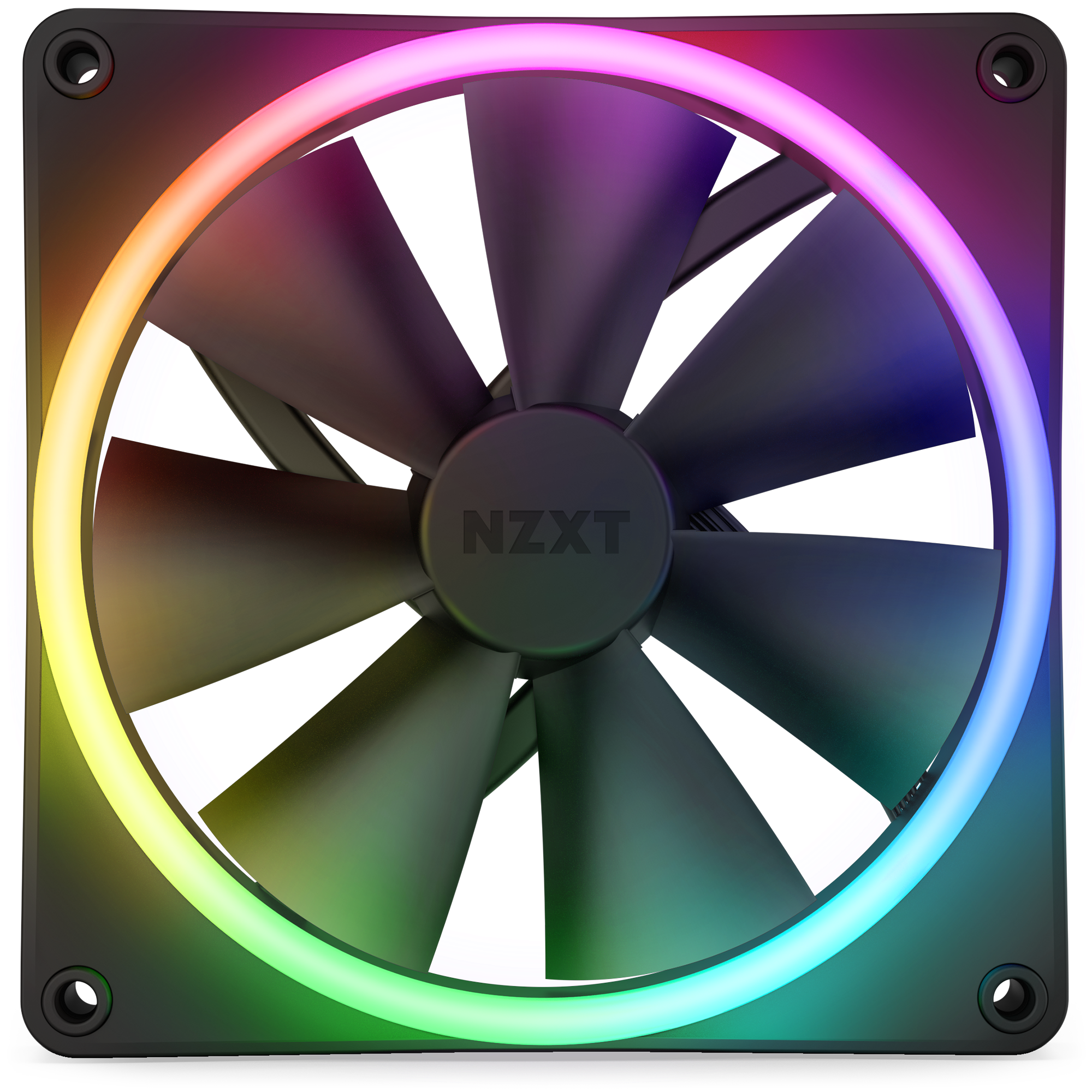 The NZXT F140 RGB Duo is a black computer cooling fan with vibrant RGB LED ring lighting around the blades. Shown from the front on a black background, it features a fluid dynamic bearing for enhanced performance.