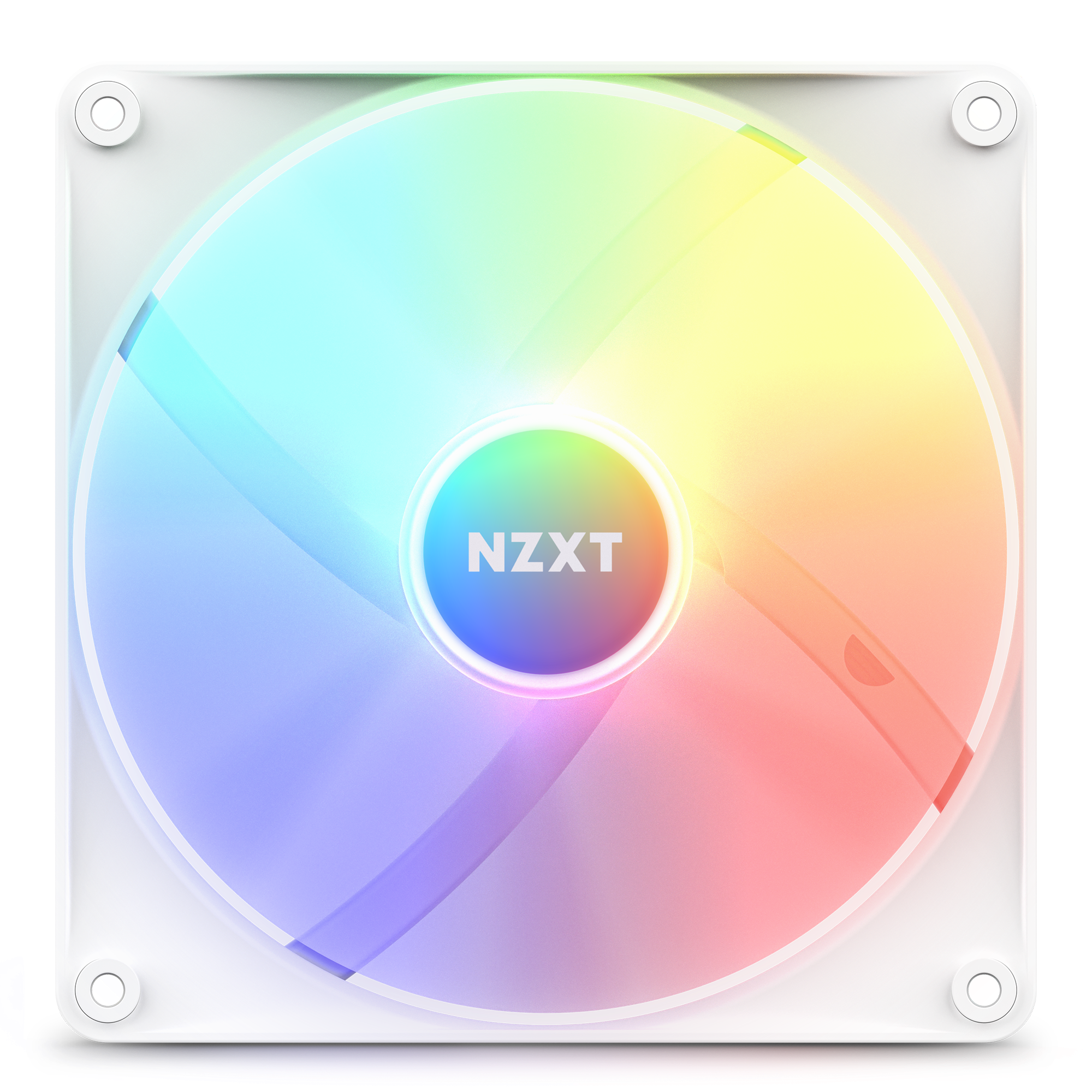 The NZXT F140 RGB Core is a white computer case fan featuring circular RGB lighting with vibrant rainbow colors, optimized static pressure, and easy customization through NZXT CAM software.