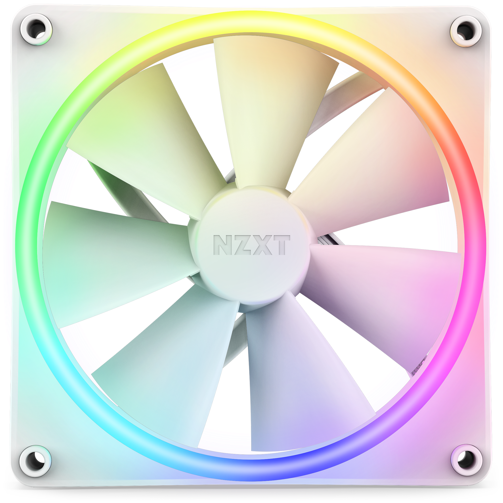 The NZXT F140 RGB Duo is a white computer cooling fan with RGB lighting around the edge in pastel gradients, offering high static pressure for enhanced cooling.