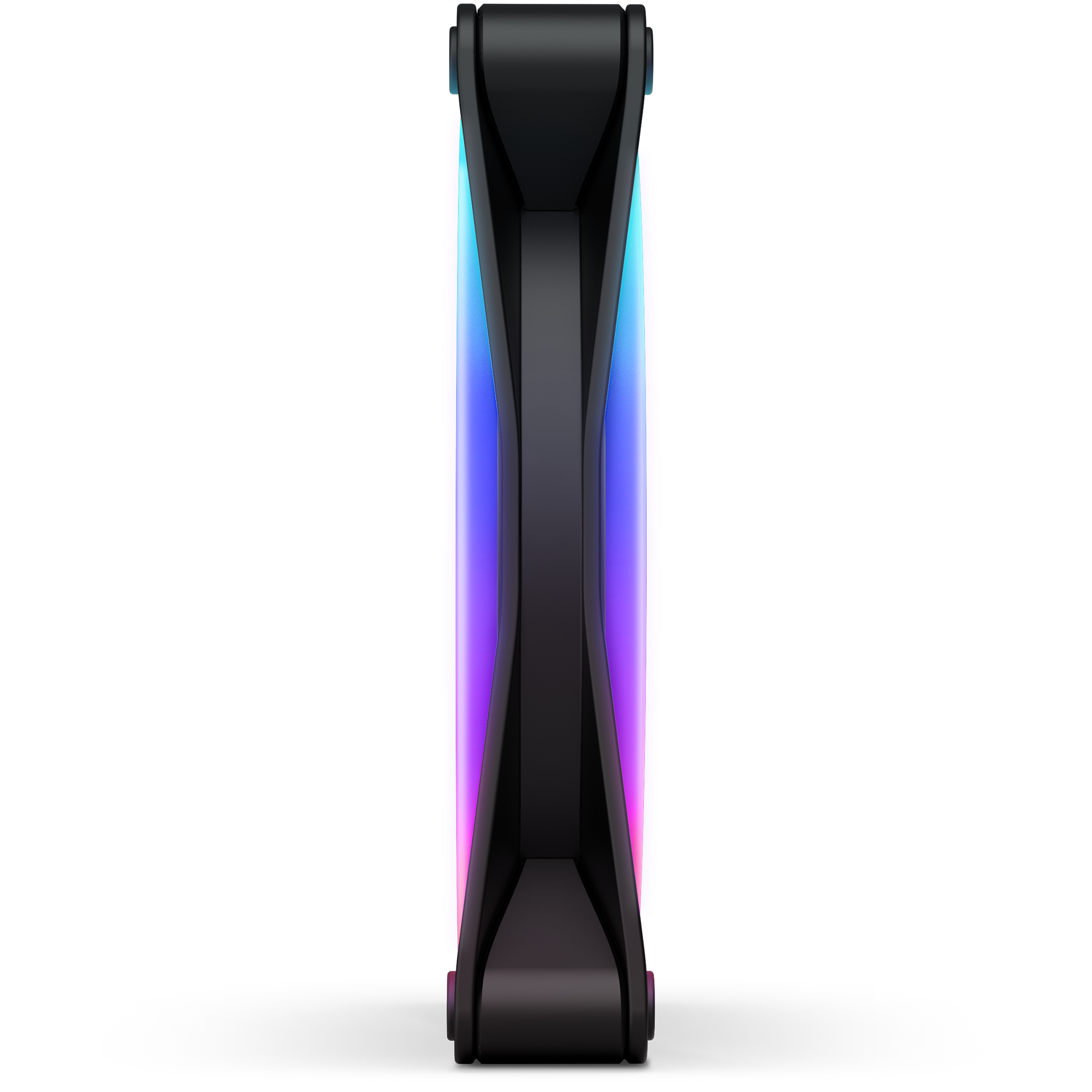 The NZXT F140 RGB Duo is a computer cooling fan with a black frame and translucent blades, illuminated by gradient RGB lighting in blue, pink, and purple tones, engineered for high static pressure airflow.