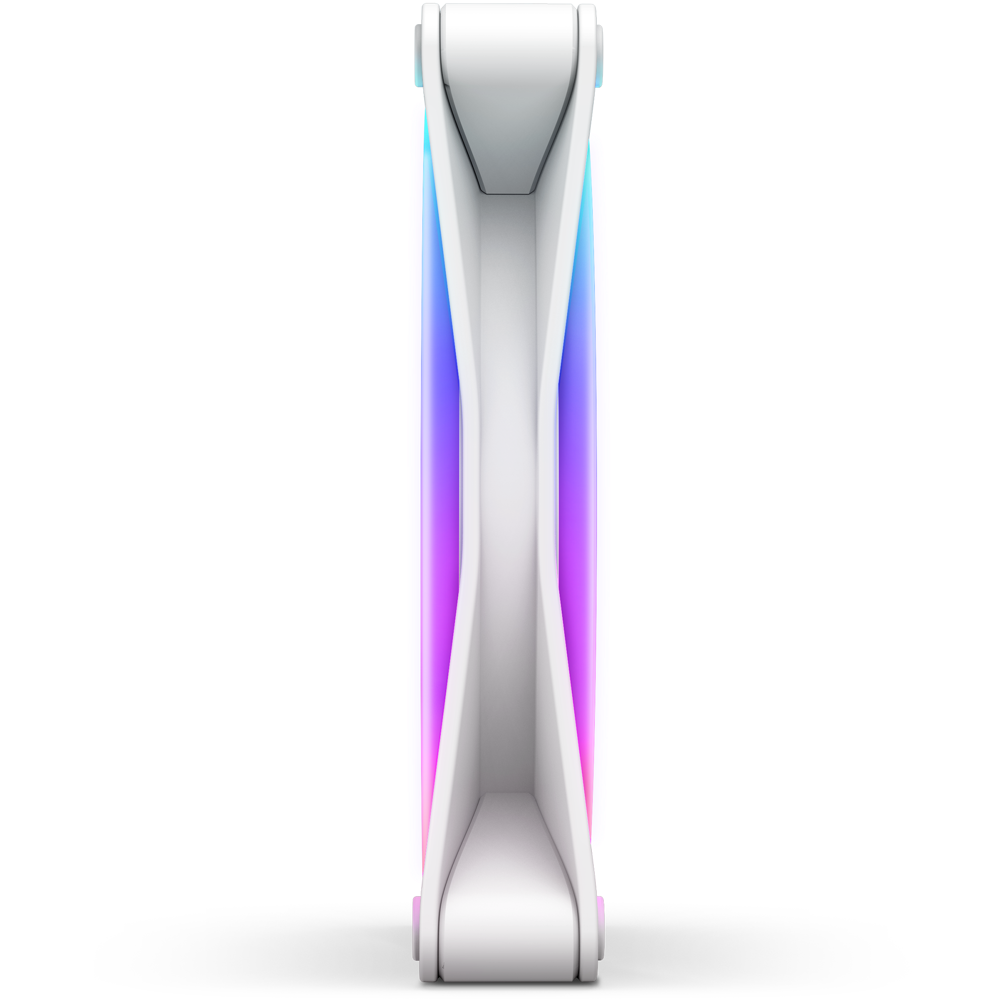 A top-down view of the NZXT F140 RGB Duo—a sleek, futuristic white device with curved edges and glowing blue-pink RGB gradient lighting along its sides.