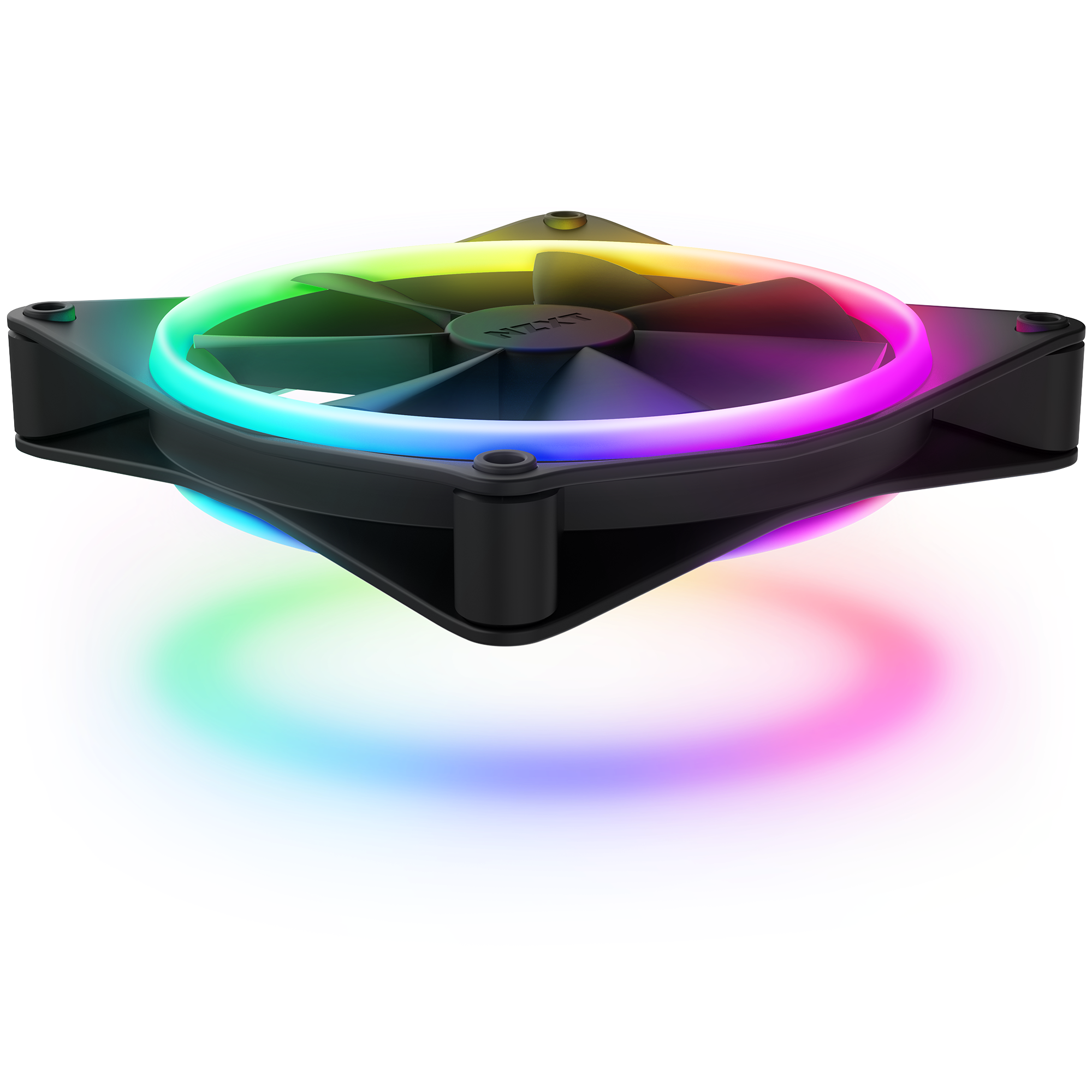 The NZXT F140 RGB Duo is a black computer cooling fan with high static pressure and a circular RGB display, illuminating vibrant colors like green, blue, pink, and yellow that glow beneath the fan.