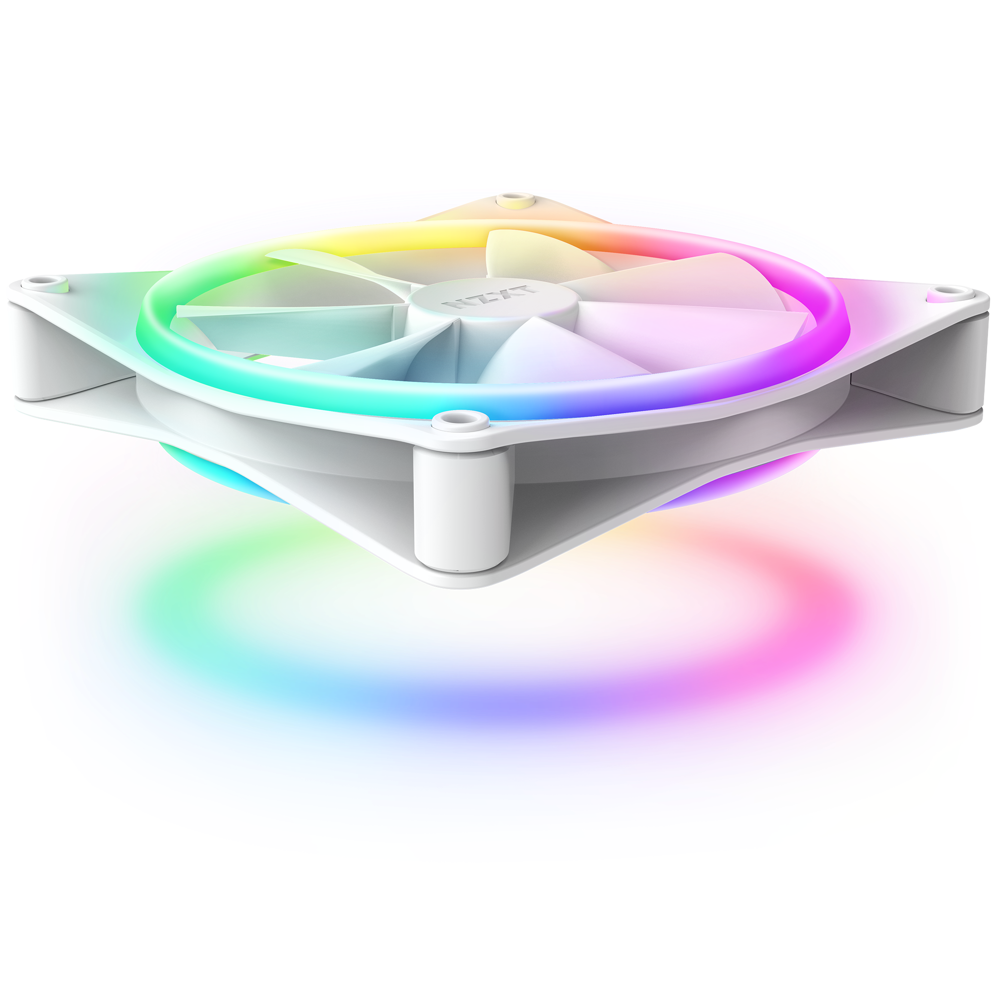 The NZXT F140 RGB Duo, a white computer cooling fan with RGB lighting and fluid dynamic bearing, projects vibrant pink, blue, green, yellow, and red hues onto the surface below.