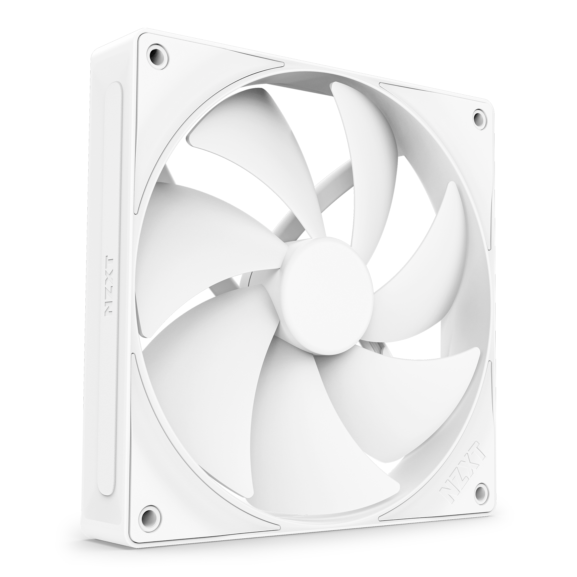 A white NZXT F140P Static Pressure Fan with seven blades and fluid dynamic bearings sits in a square frame, viewed at an angle on a black background. The NZXT brand is embossed on the minimal, high-performance cooling fans frame.