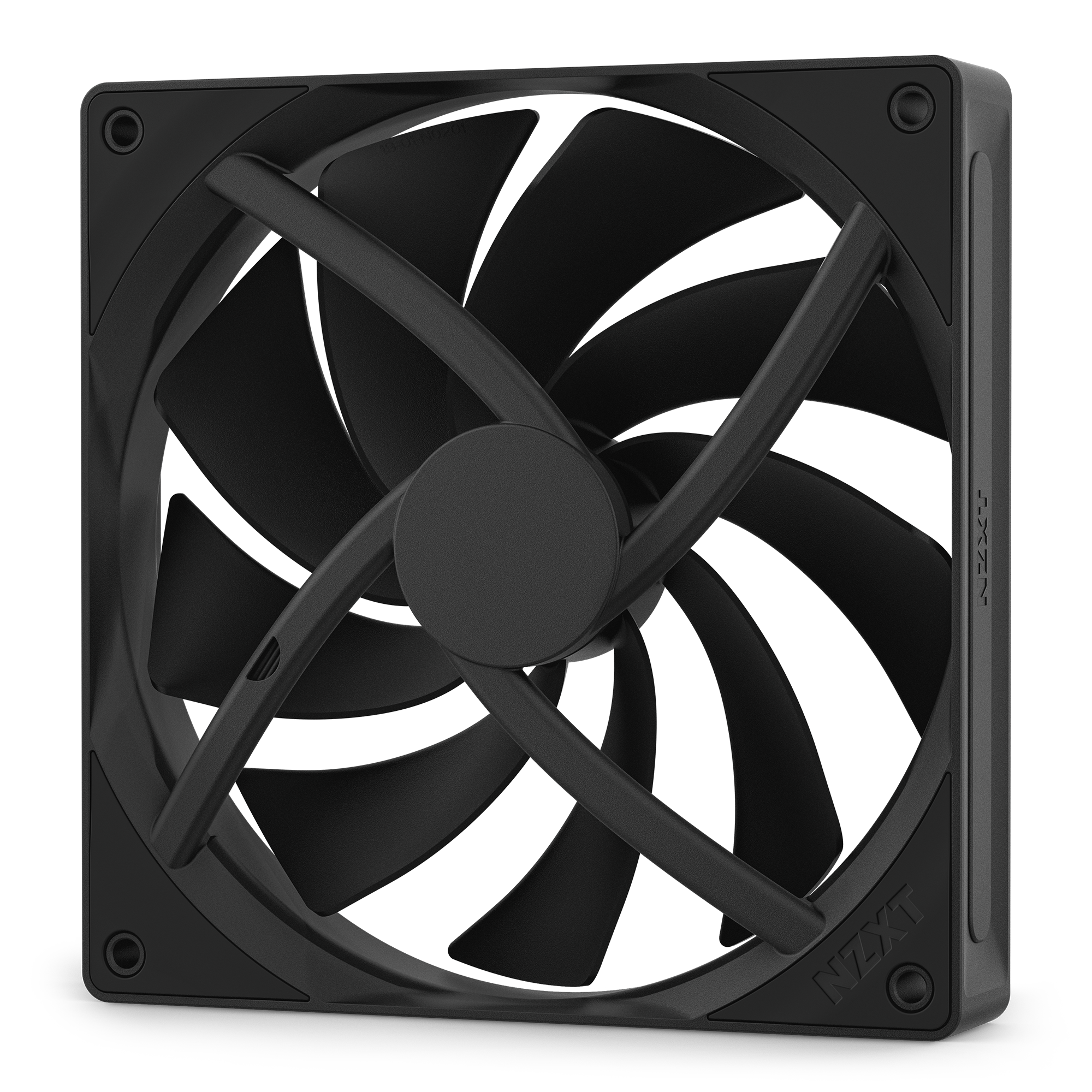 The NZXT F140Q is a black cooling fan with eleven curved blades, a round central hub, and a square frame embossed with the NZXT logo. It features Fluid Dynamic Bearings for durability and quiet performance, shown angled against a white background.