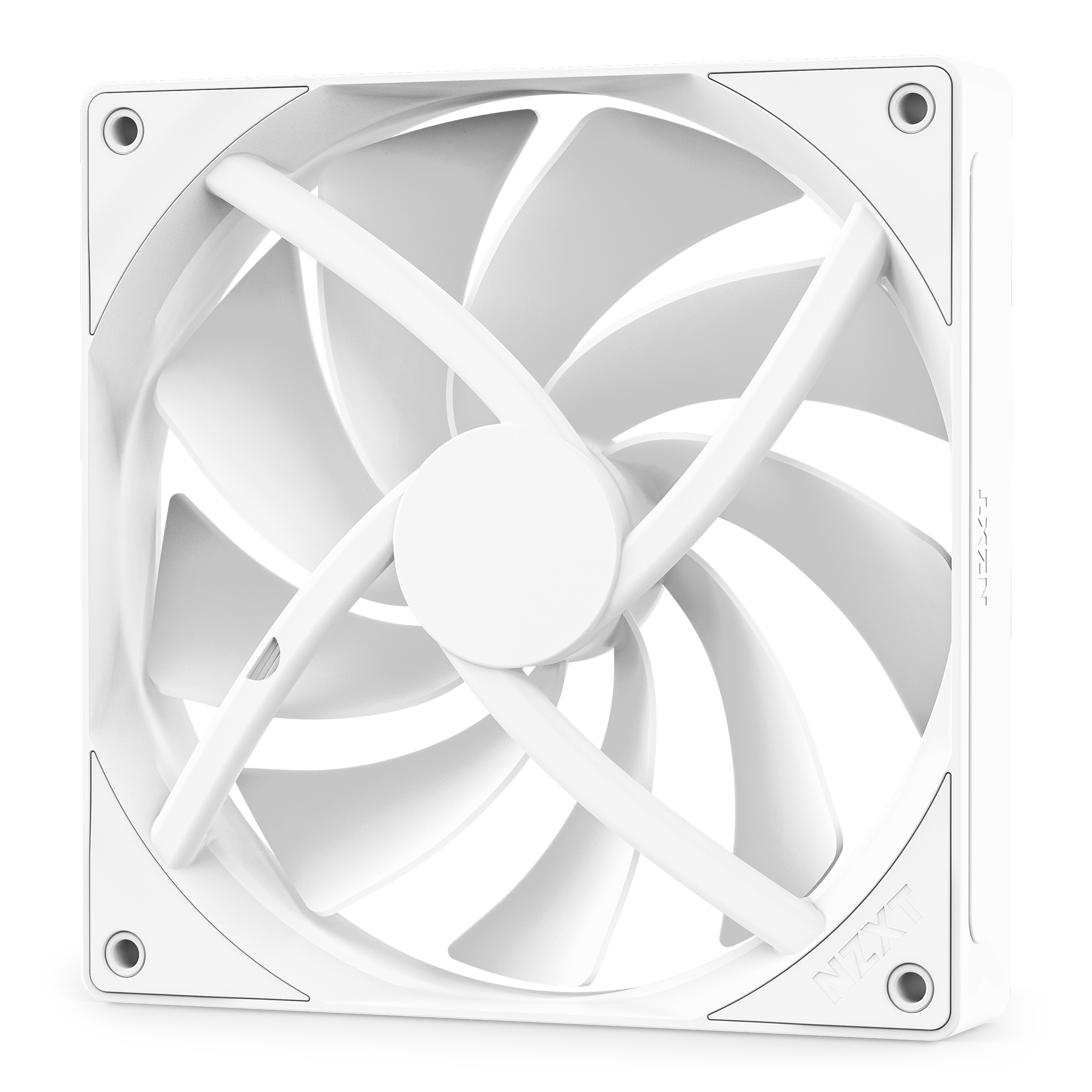 The NZXT F140Q is a white cooling fan with nine curved blades, a square frame with rounded corners, mounting holes on each corner, PWM speed control, and NZXT branding.
