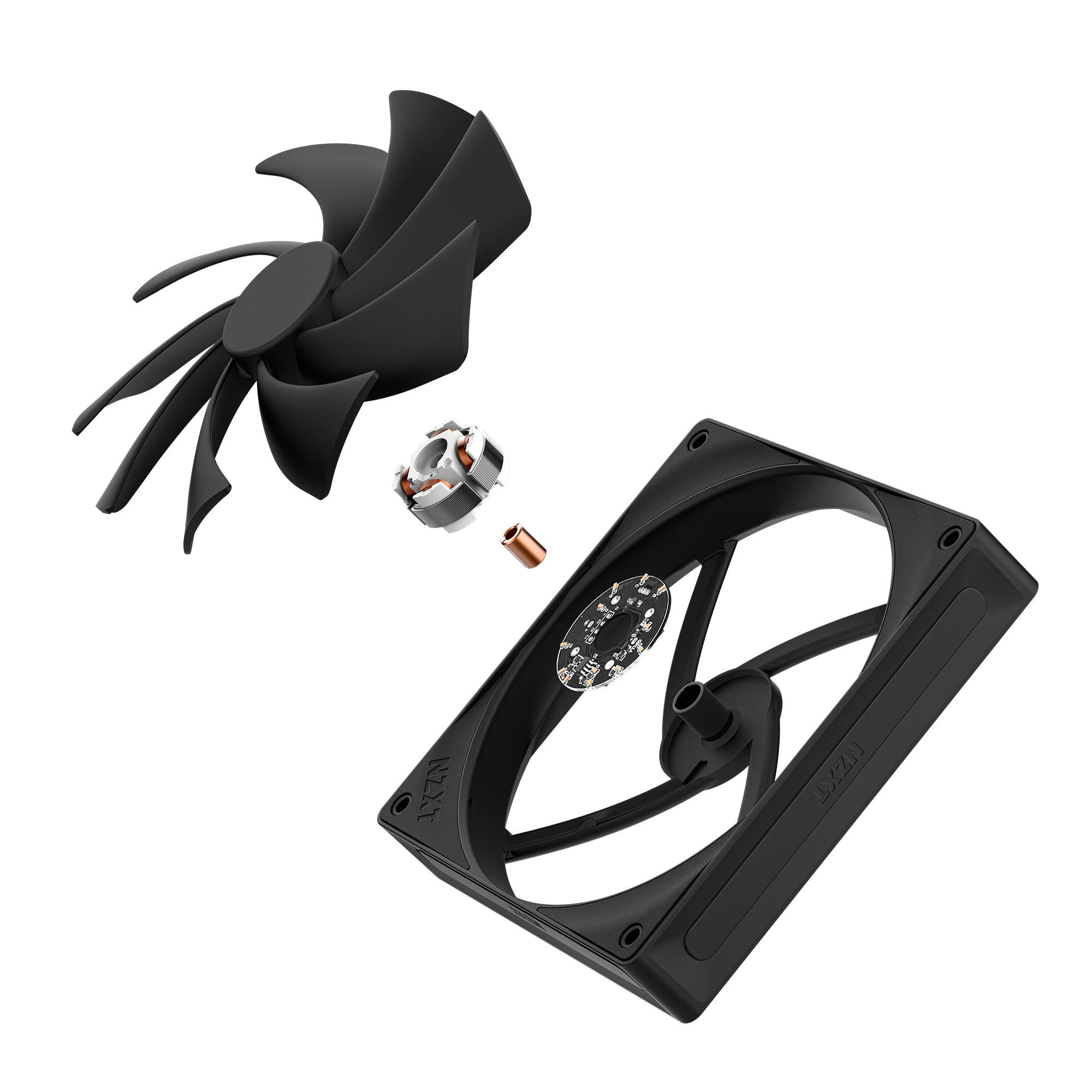 Exploded view of the NZXT F140Q cooling fan, showing separated black fan blades, fluid dynamic bearings, and frame components, all designed for quiet airflow, on a transparent background.