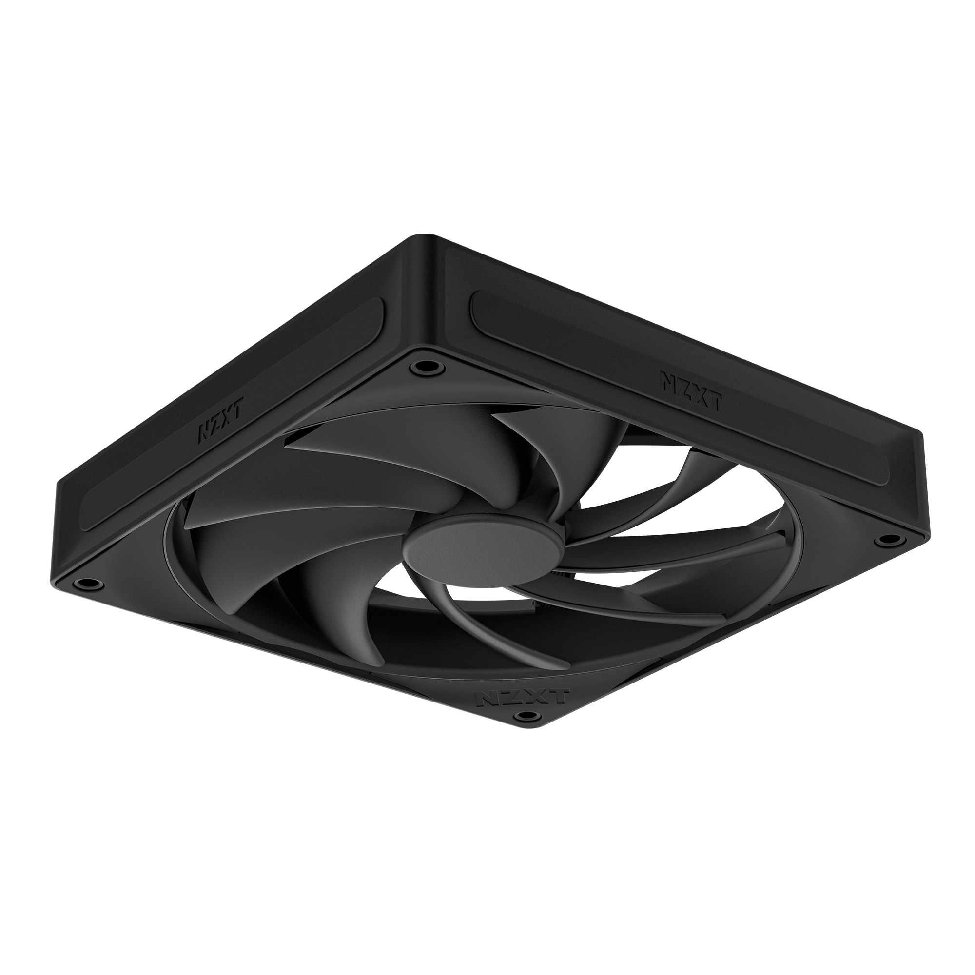 The NZXT F140Q is a black, square cooling fan with curved blades and a minimalist design, featuring fluid dynamic bearings for durability, shown from a low front angle against a black background.
