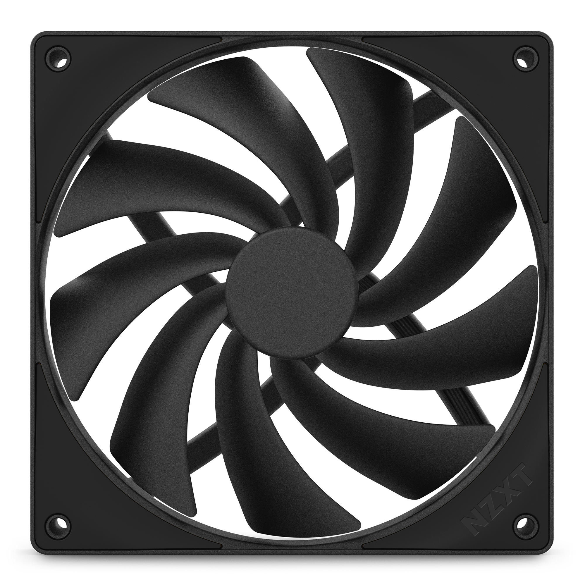 The NZXT F140Q is a black, square computer cooling fan with nine blades and fluid dynamic bearings. Seen from the front against a plain background, it features mounting holes in each corner for easy installation.