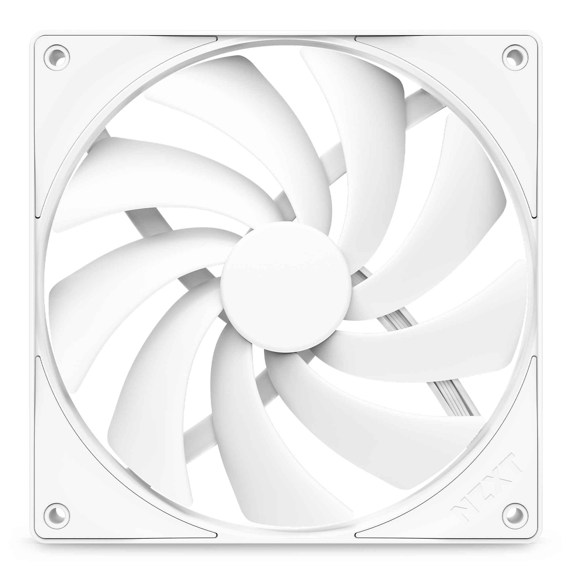 The NZXT F140Q is a white computer cooling fan with nine curved blades in a square, rounded-corner frame. It features quiet airflow and minimalist design, with the NZXT logo embossed on the bottom right corner.