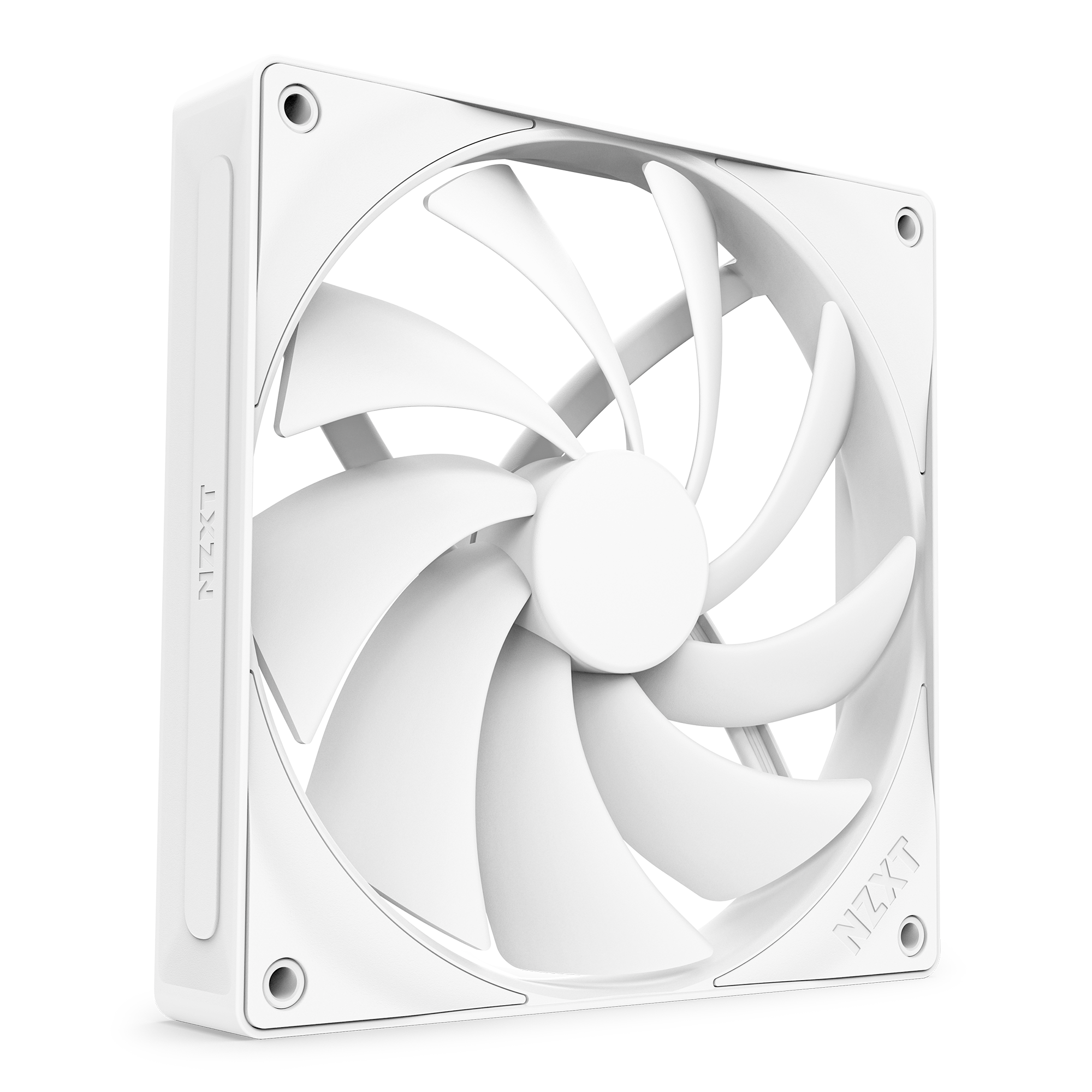 The NZXT F140Q is a white computer cooling fan with seven blades and a square frame, shown at an angle. The edge features the NZXT logo, Quiet Airflow Fans branding, and a transparent background.