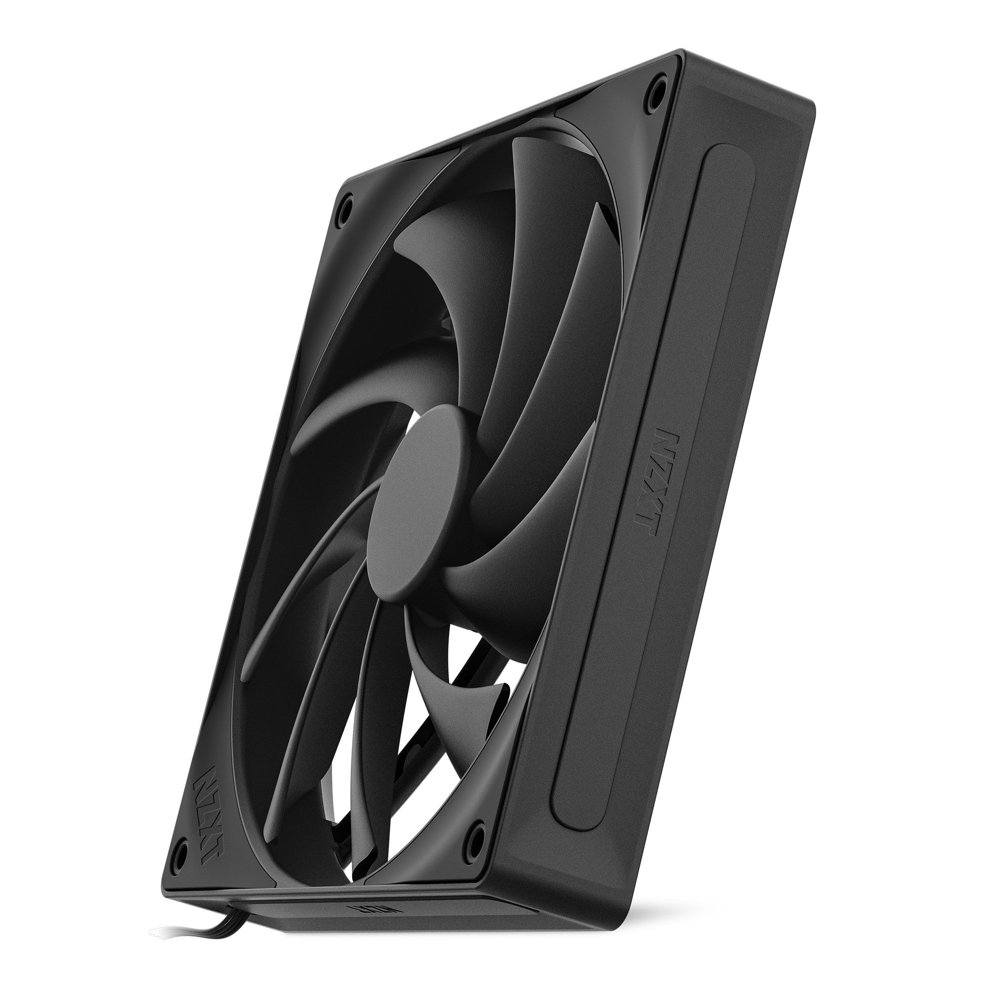 The NZXT F140Q is a black computer cooling fan with multiple blades and a rectangular frame, featuring the NZXT logo on the side. This quiet fan delivers efficient airflow and smooth operation, shown at an angle against a plain background.