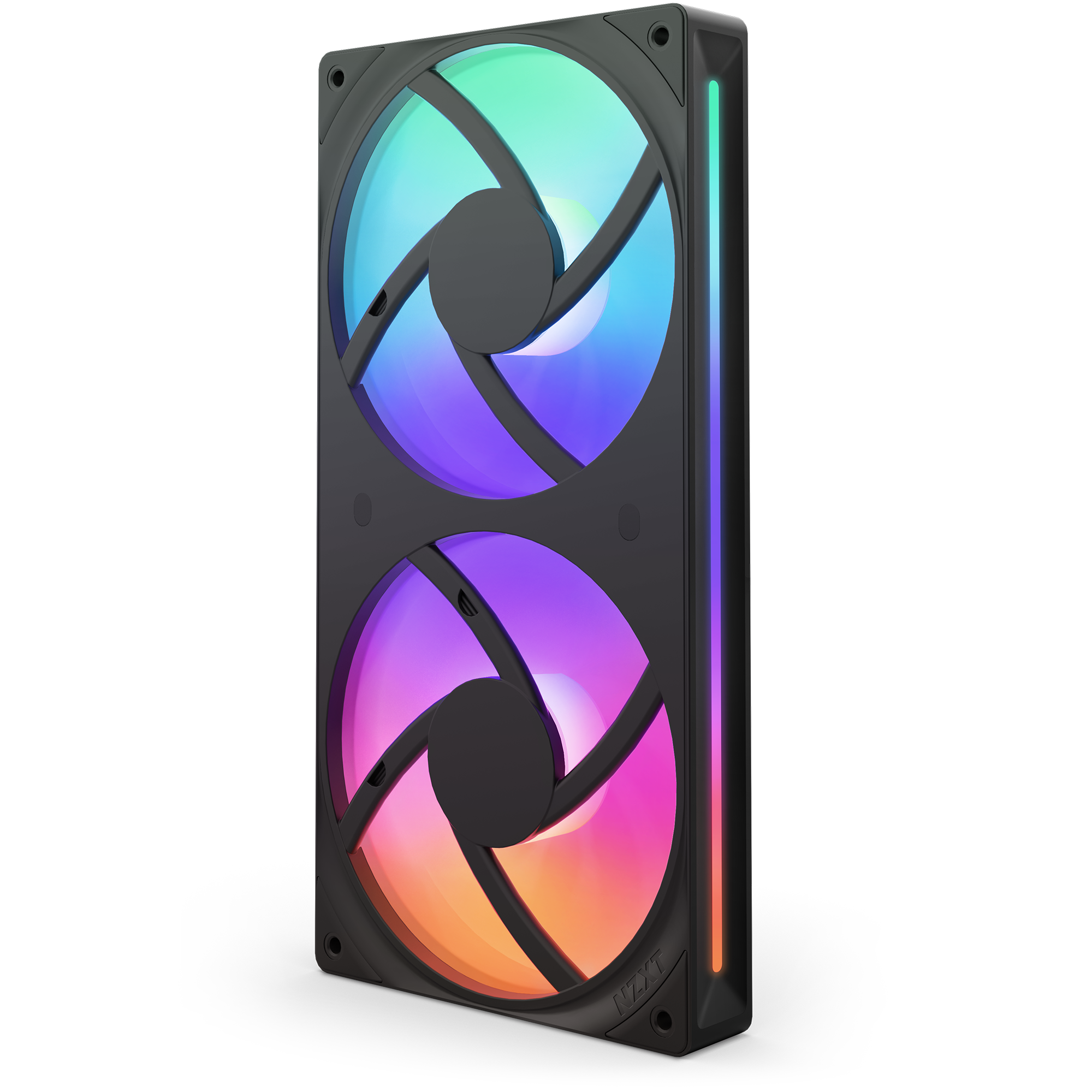 The NZXT F240 RGB Core is a black rectangular case fan with dual large RGB PWM fans for excellent cooling and a vivid vertical RGB light strip, illuminating your PC in multiple colors.