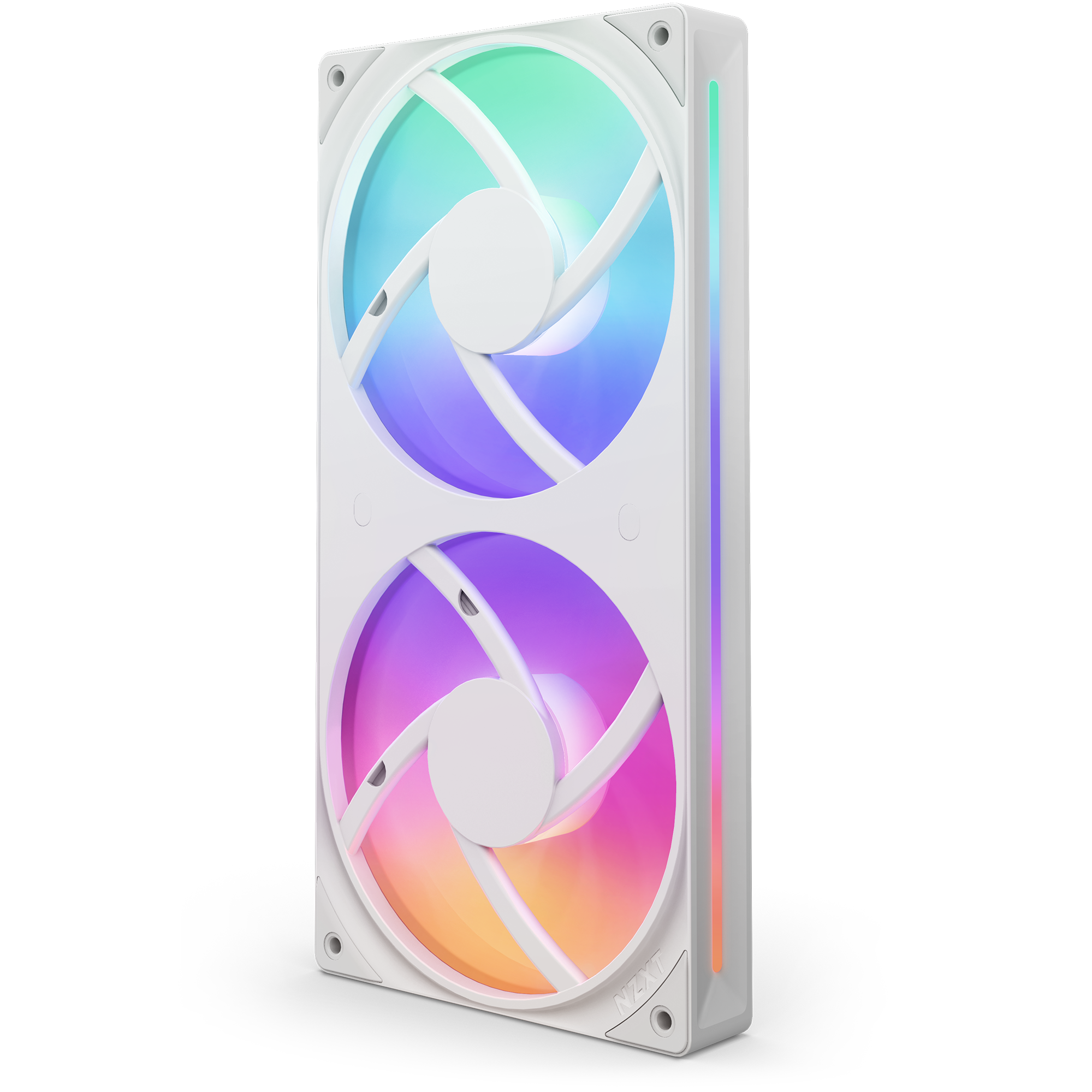 The NZXT F240 RGB Core is a white dual-fan cooler featuring vibrant RGB fans in blue, pink, purple, and orange hues plus a side light strip for superior cooling and style.