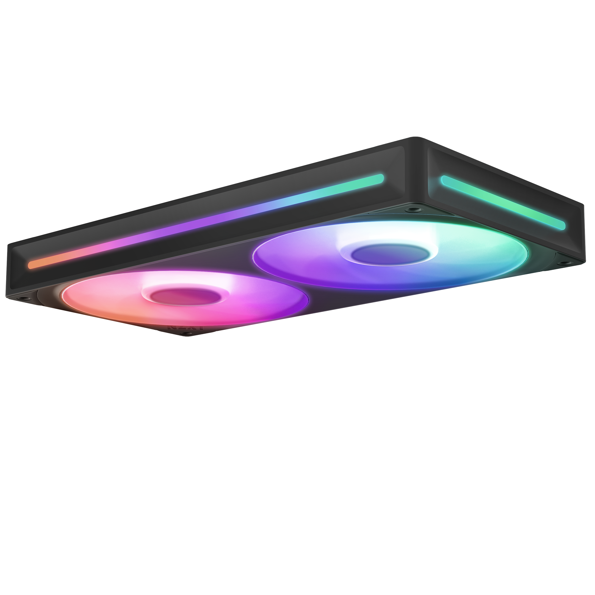 The NZXT F240 RGB Core is a rectangular cooling unit with two PWM-controlled RGB fans and illuminated side accents, showcasing a gradient of purple, pink, blue, and green for superior cooling performance.