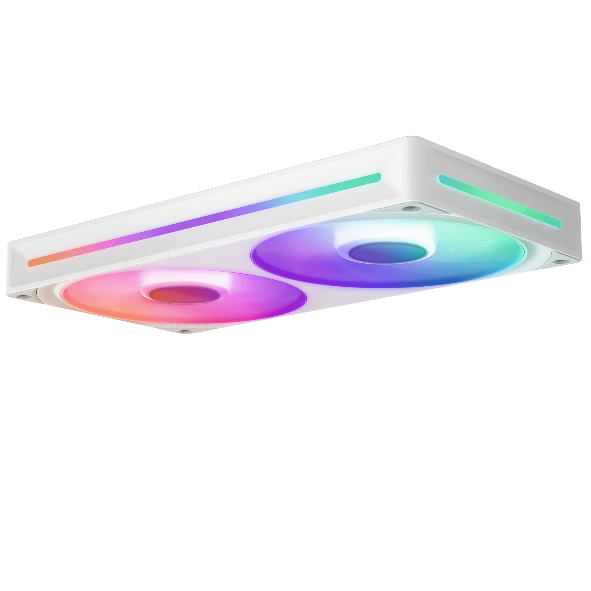 The NZXT F240 RGB Core is a white rectangular cooling fan with two large multicolor RGB fans and side light strips, offering PWM control for superior cooling, shown from an angle against a black background.