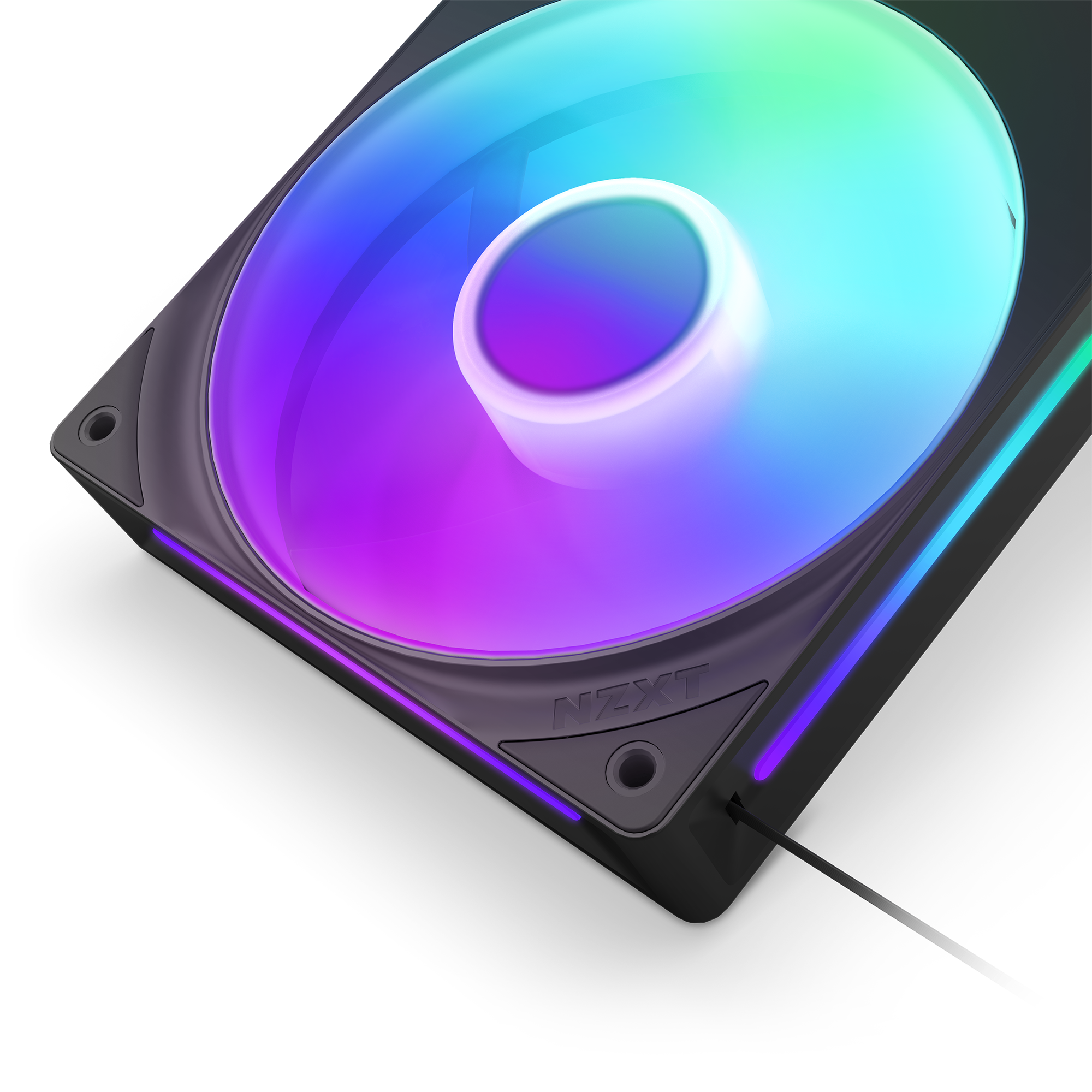A close-up of the NZXT F240 RGB Core cooling fan, glowing in blue, purple, and green LEDs within a black casing featuring the NZXT logo—highlighting its superior cooling performance.