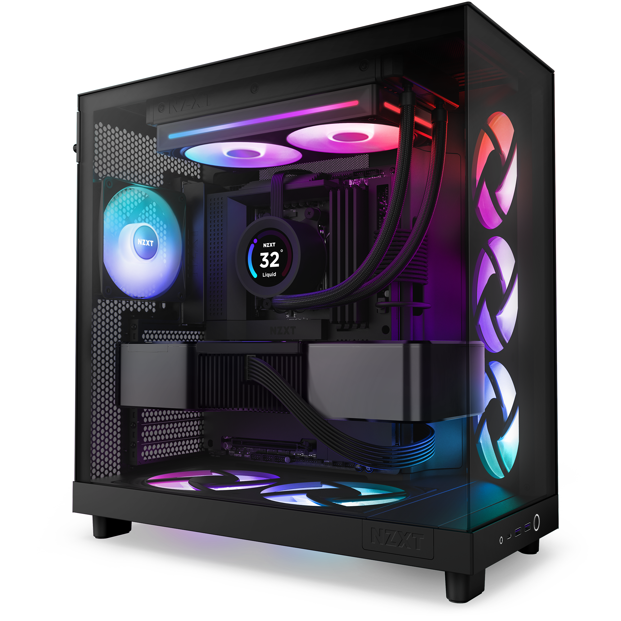 The NZXT F280 RGB Core is a gaming PC featuring vibrant RGB lighting in purple, blue, and pink, a transparent side panel, liquid cooling with temperature display, and multiple fans with fluid dynamic bearings for optimal performance.
