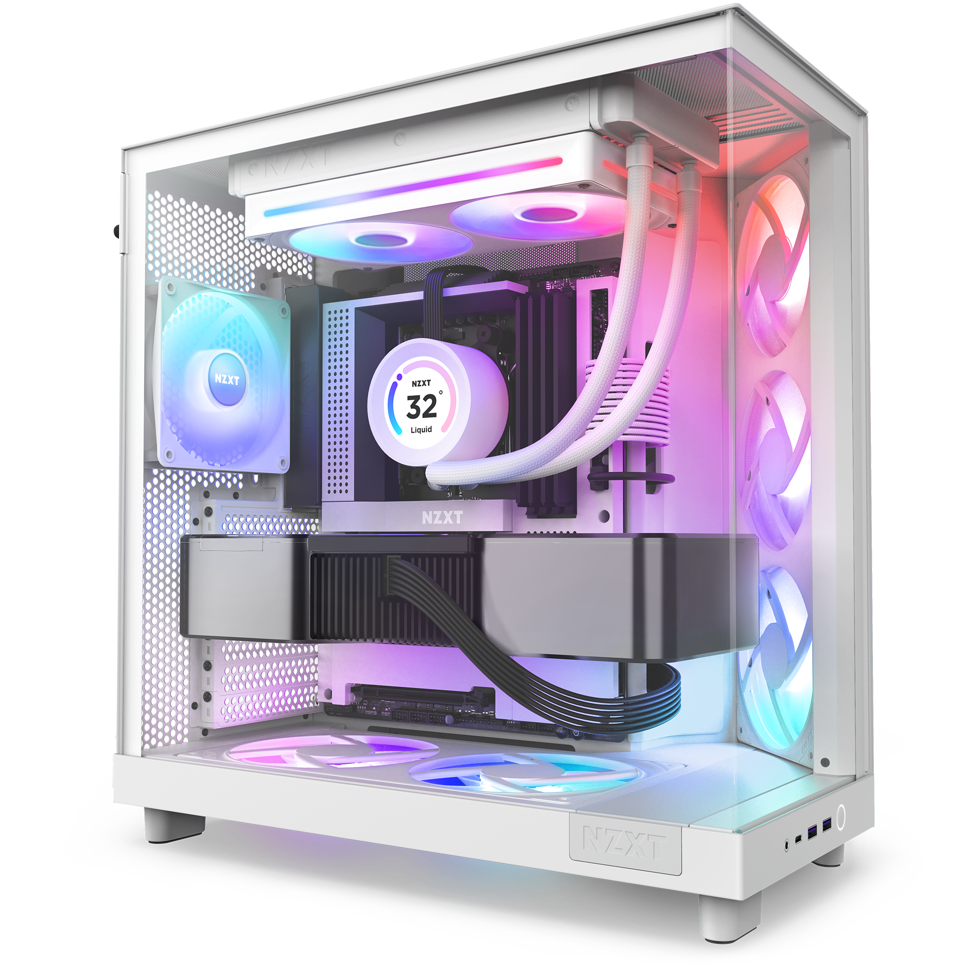 The NZXT F240 RGB Core is a white gaming PC with a transparent side panel, PWM-controlled RGB fans, three cooling fans, liquid cooling, and visible internal components like the graphics card and cables.