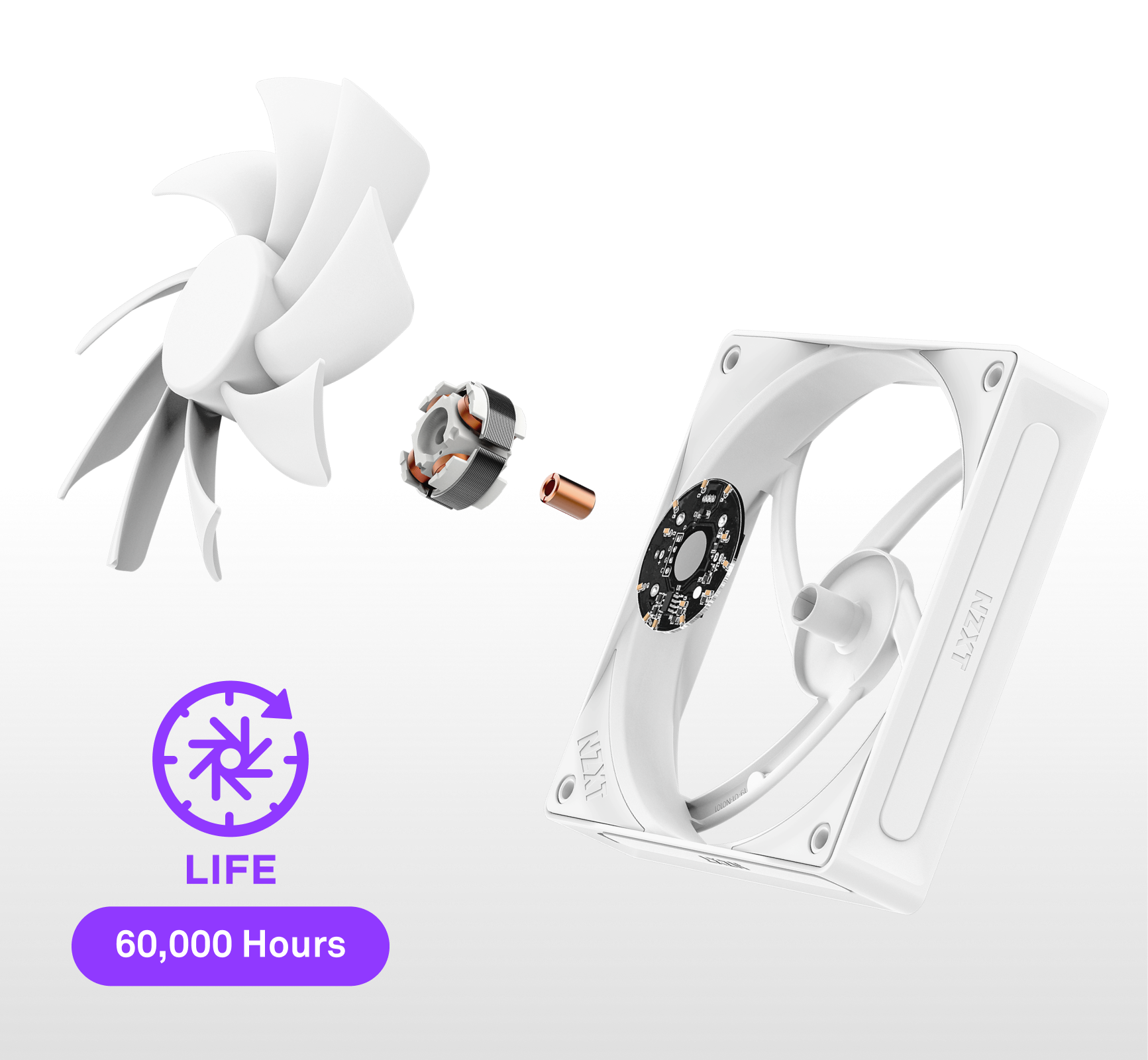 Exploded view of a white computer fan showing its components. A purple icon with a fan and circular arrow reads LIFE 60,000 Hours below the image.