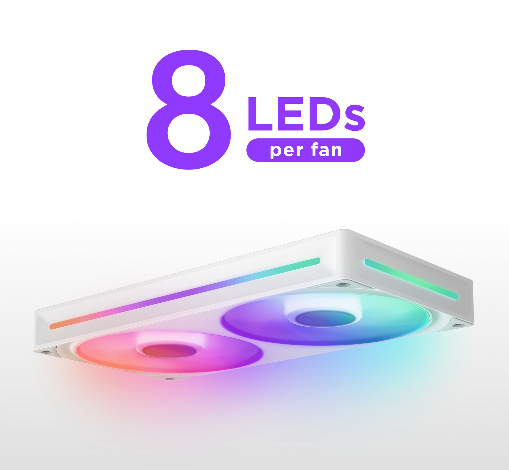 A white dual-fan computer cooling unit emits colorful RGB lights, with the text 8 LEDs per fan in bold purple above it.