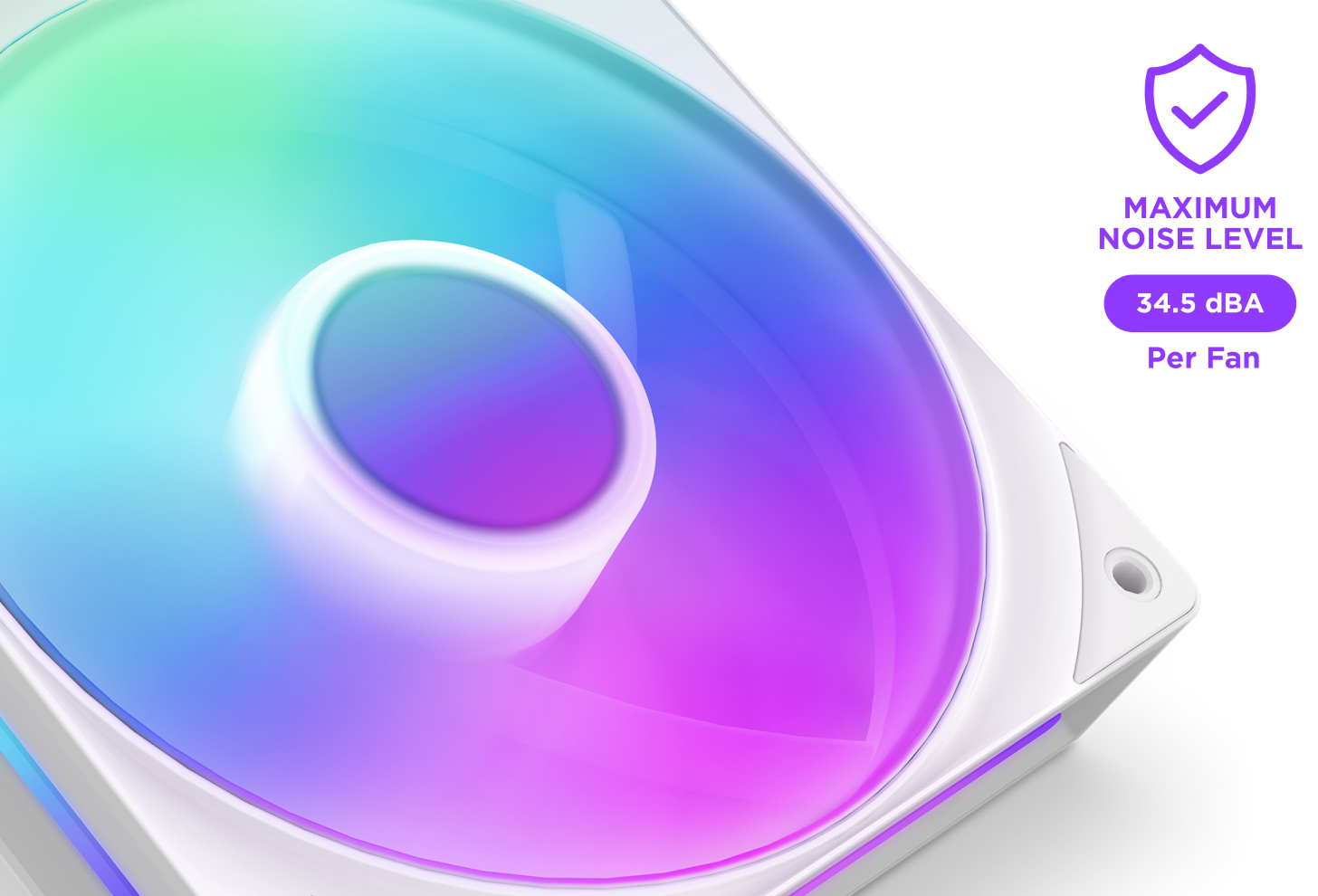 A close-up of a computer cooling fan with vibrant RGB lighting. A label beside it reads “MAXIMUM NOISE LEVEL 34.5 dBA Per Fan” with a shield and checkmark icon above the text.
