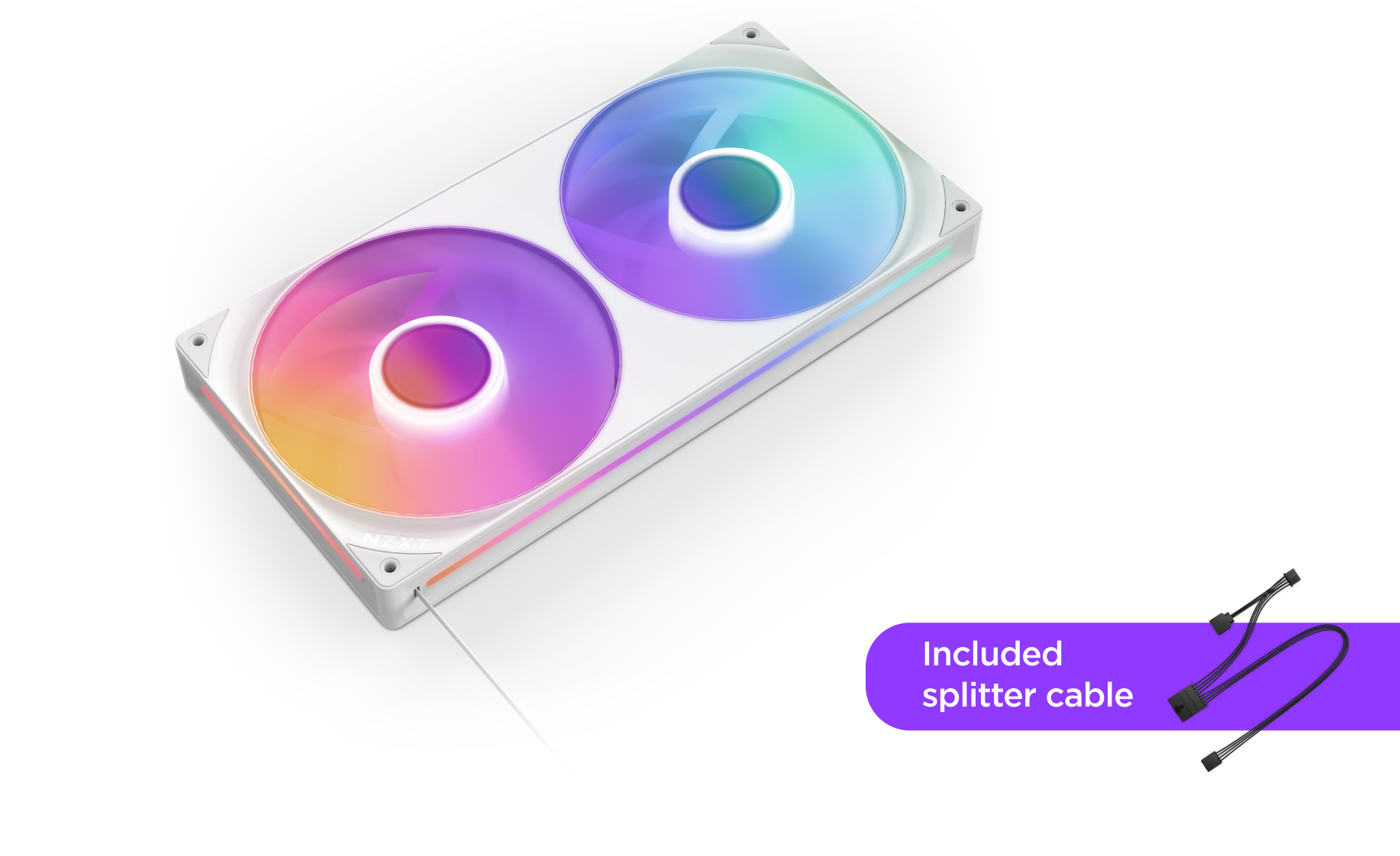 A white dual-fan RGB case fan with colorful lighting, shown from an angle. In the corner, a purple label reads Included splitter cable with an image of the splitter cable beside it.