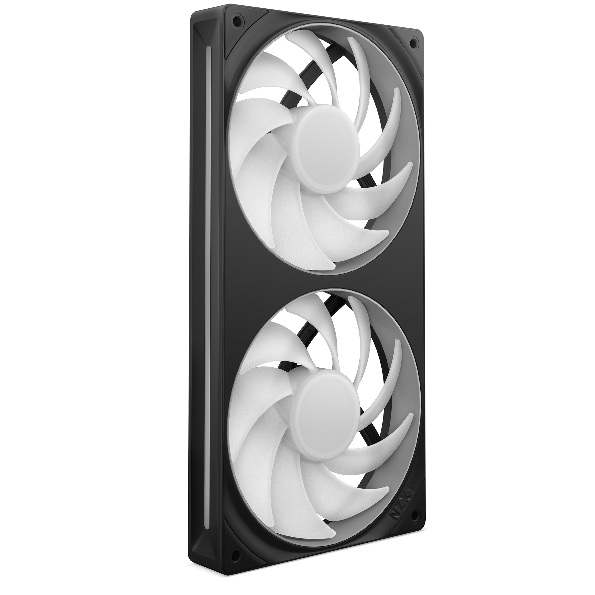 The NZXT F280 RGB Core is a black rectangular computer case fan with two large white blades stacked vertically and fluid dynamic bearings for superior cooling of electronic components.