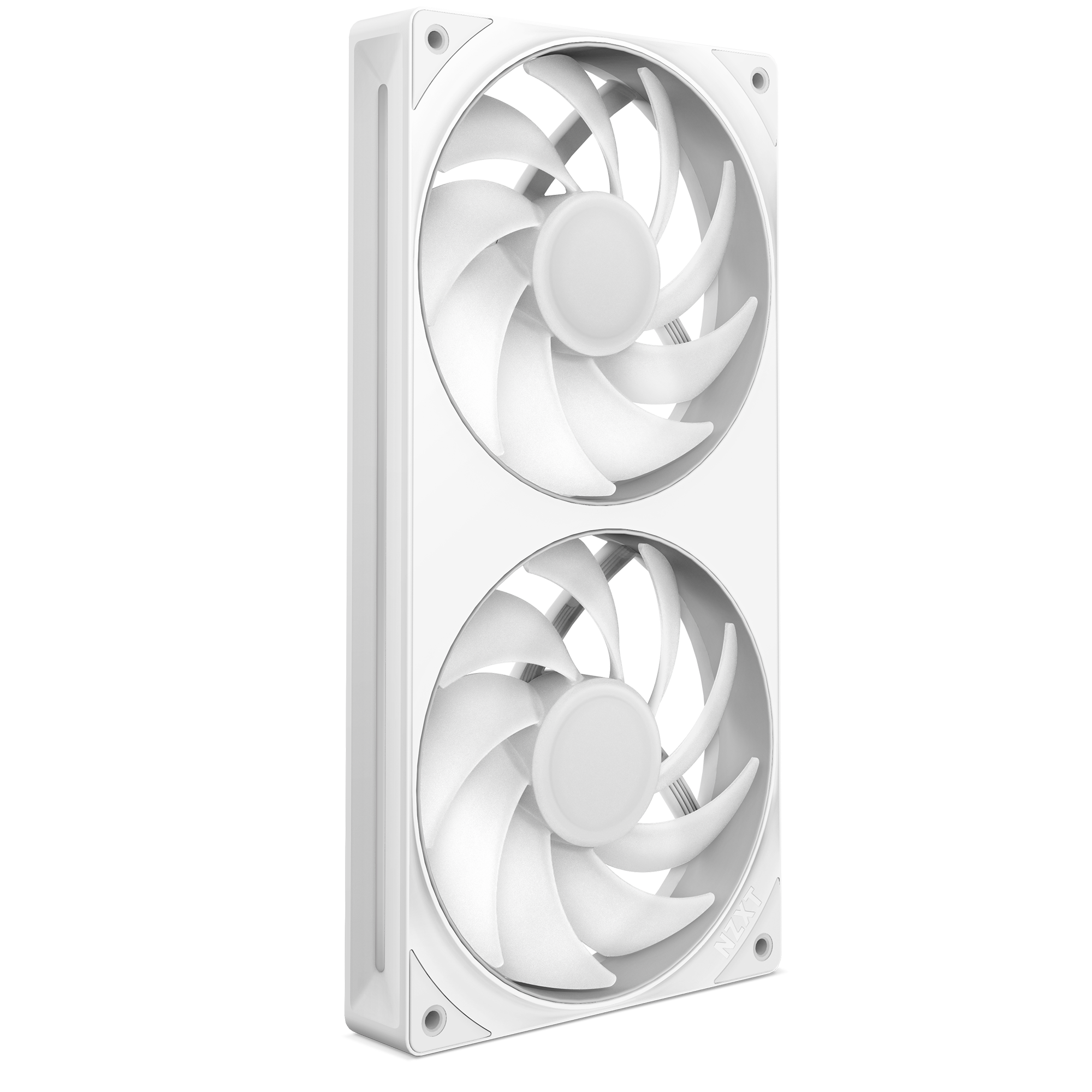 The NZXT F240 RGB Core is a white computer cooling fan unit with two vertically stacked circular fans in a rectangular frame, shown at an angle against a plain background.