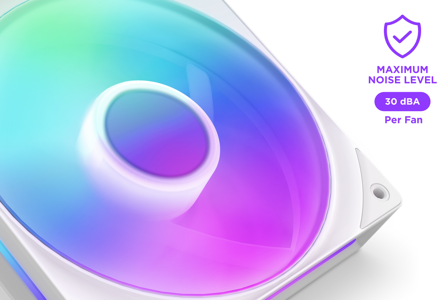 Close-up of a computer fan with vibrant RGB lighting in blue, purple, and green hues. Text indicates Maximum Noise Level: 30 dBA Per Fan next to a shield icon with a check mark.