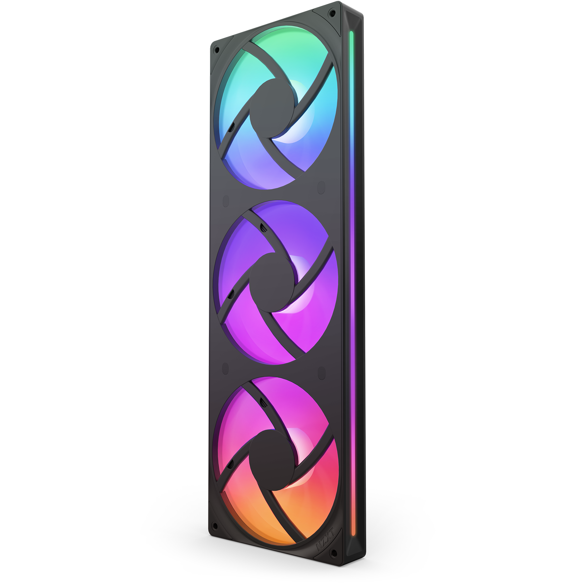 The NZXT F360 RGB Core is a vertical cooling fan unit with three integrated RGB fans, displaying blue, purple, and orange lights in a sleek black rectangular frame.