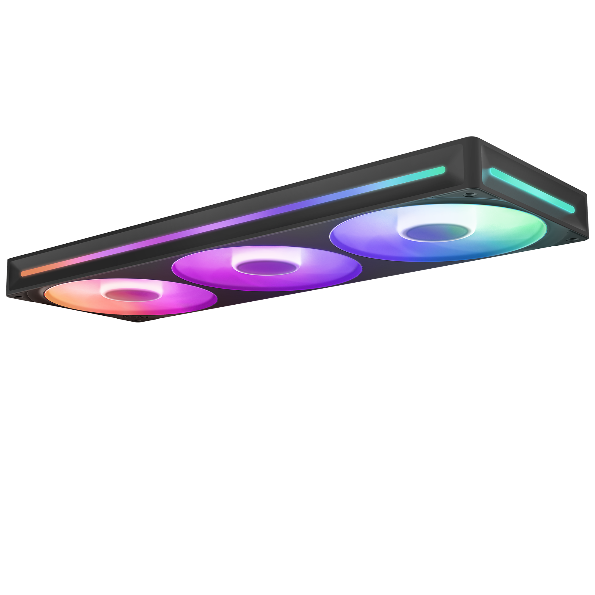 The NZXT F360 RGB Core is a rectangular LED fixture with three circular, multi-colored lights showing pink, purple, blue, and green gradients in a black frame featuring glowing edge accents.