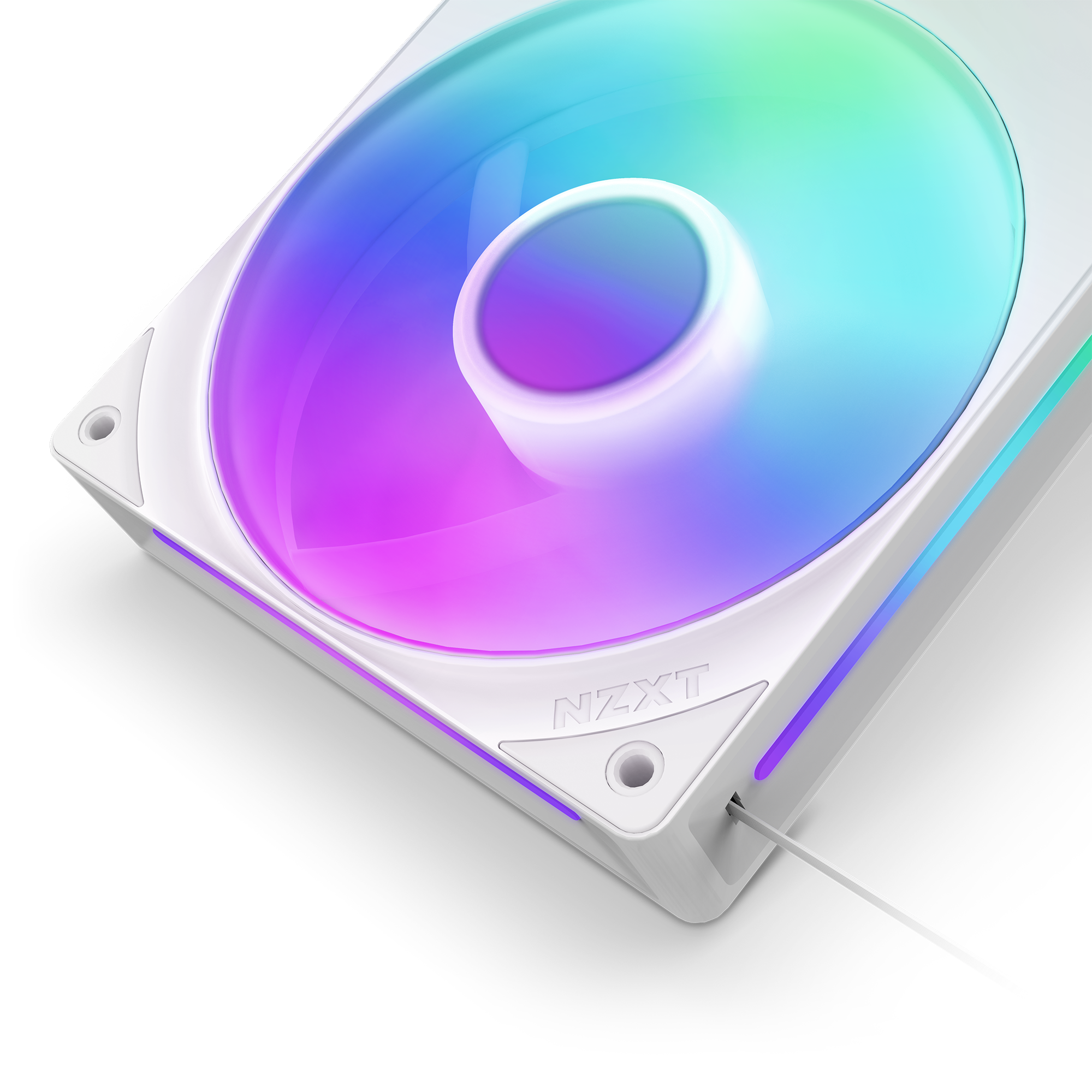 Close-up of the NZXT F360 RGB Core, a white computer cooling fan featuring integrated fans, vibrant RGB lighting with blue, green, and purple gradients, and a white power cable extending from the side.