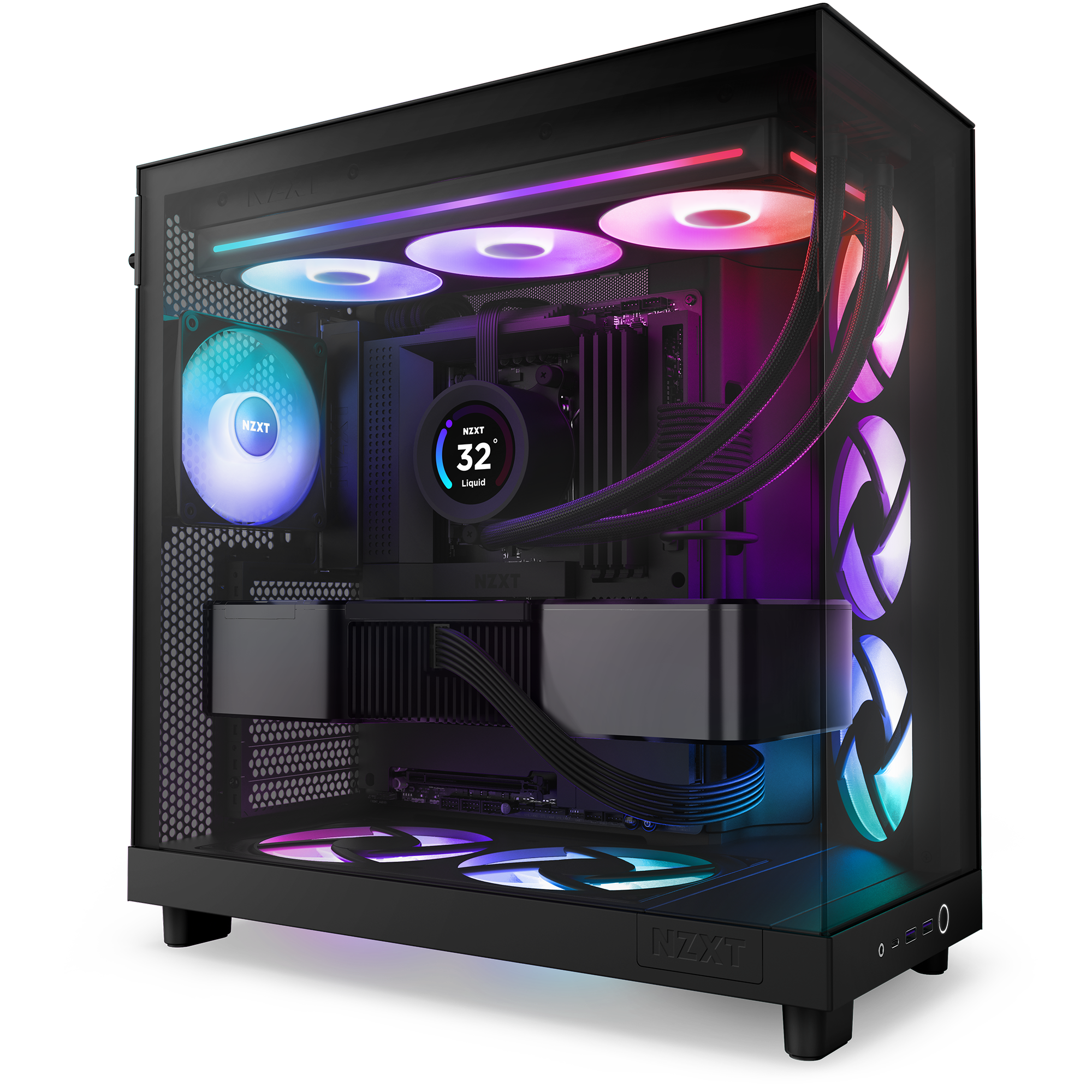 The NZXT F360 RGB Core is a high-end gaming PC case featuring vibrant RGB lighting, built-in fans, liquid cooling support, and a tempered glass side panel—all in a sleek dark design for superior performance and style.