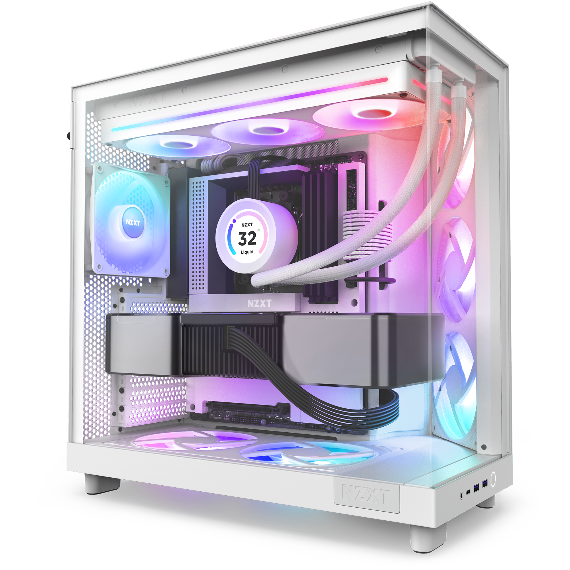 The NZXT F360 RGB Core is a white gaming PC case featuring RGB lighting, integrated fans, visible cables and components. Its liquid cooler displays 32°C, glowing in pink, blue, and purple for stunning style and cooling performance.
