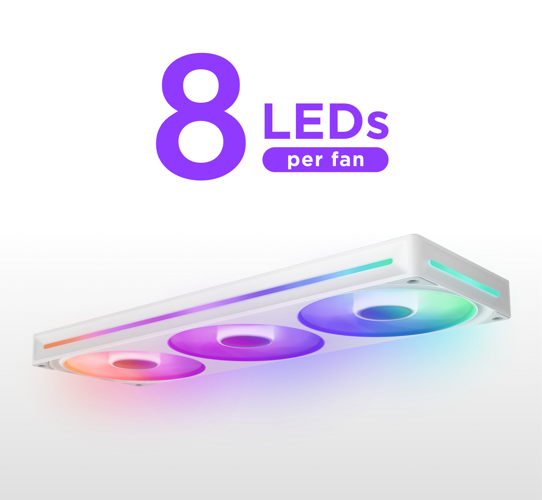 A white rectangular device with three circular RGB fans emits colorful lights; above it, text reads 8 LEDs per fan in bold purple letters.