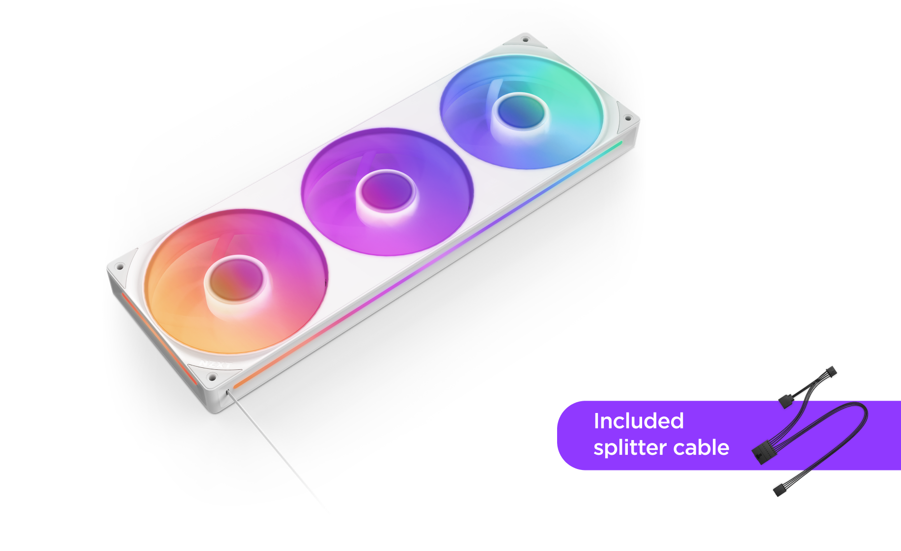A white triple-fan RGB computer cooling unit with colorful lighting, shown at an angle. To the right, a small illustration of a splitter cable with a label that says Included splitter cable.