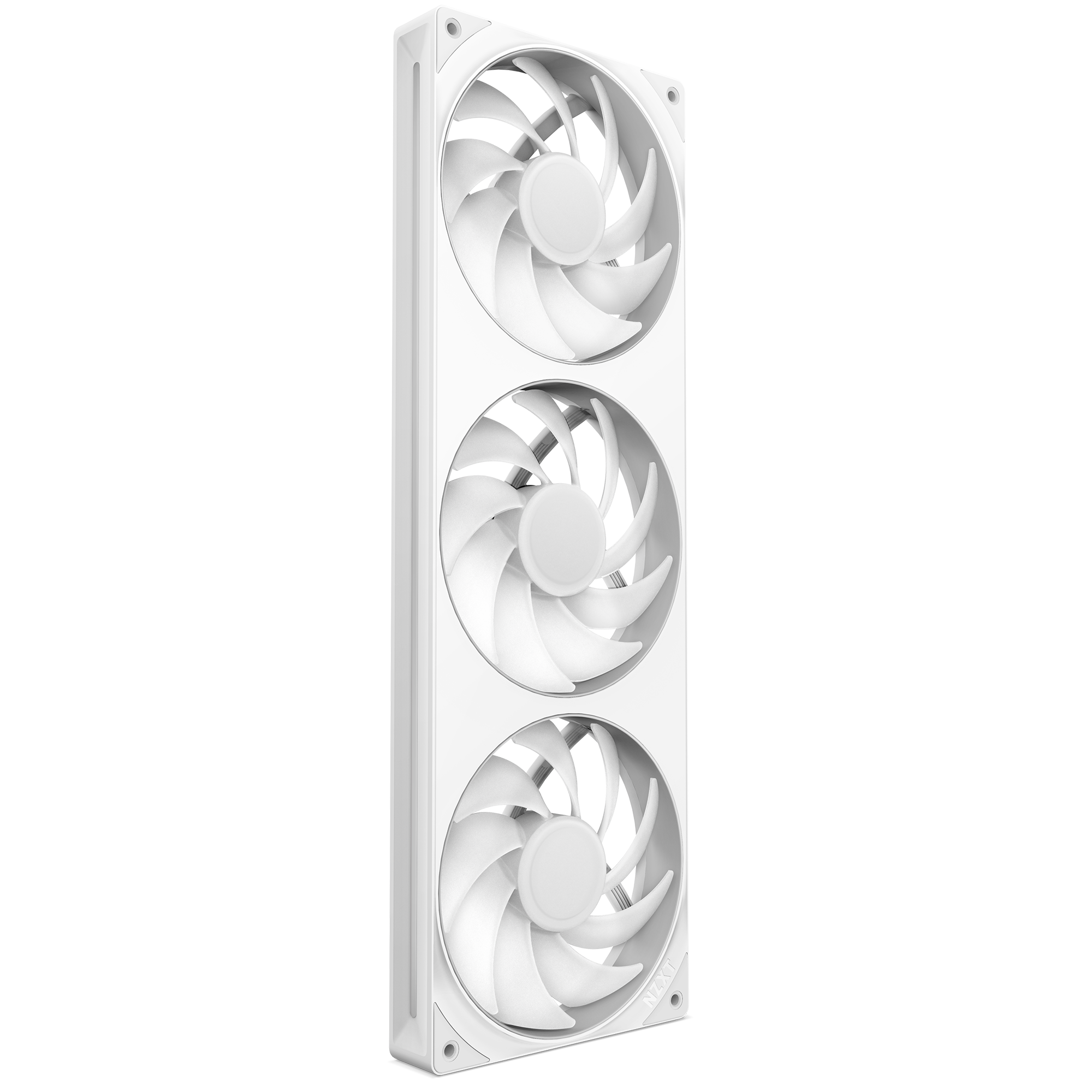 The NZXT F360 RGB Core is a white PC cooling unit with three vertically stacked fans in a rectangular frame, designed for cases or radiators to enhance cooling, shown against a black background.
